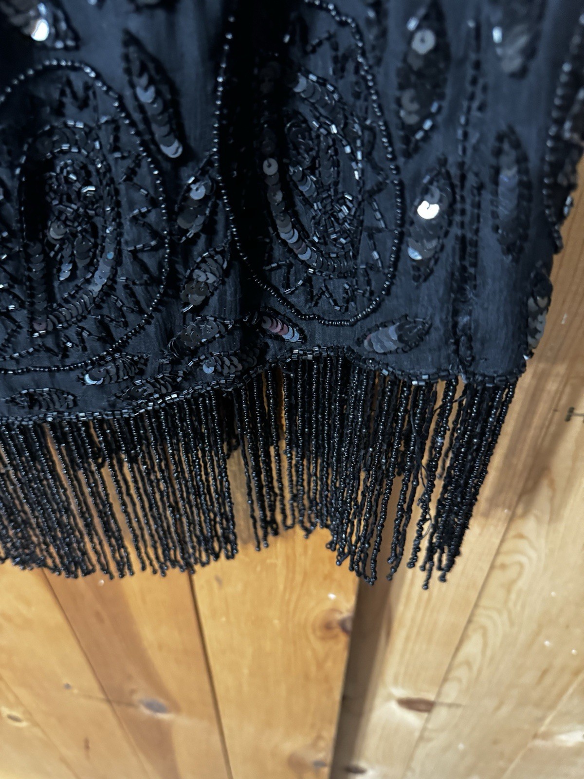 Mid 1990’s Black Tan Chho Sequinned & Beaded Dress with Fringe 2X BUST 44-48”