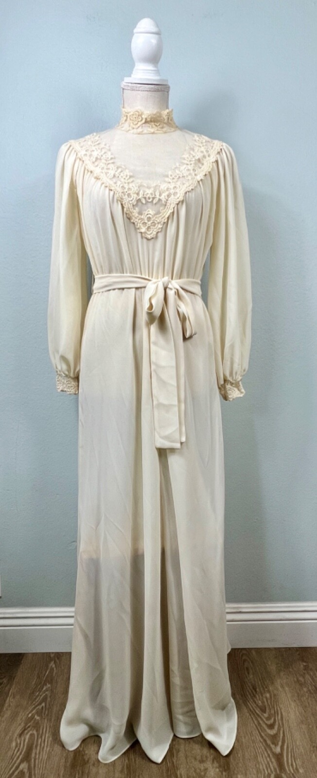 Vintage Cream Lace High Neck Maxi Dress Long Sleeve Victorian Style