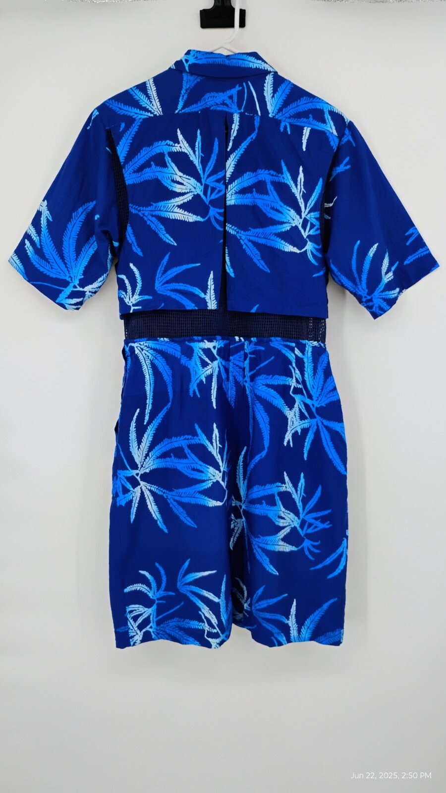 Global Kiwis Dress Vented Button Up Zip Pockets Mesh 100% Cotton Blue Tropical M