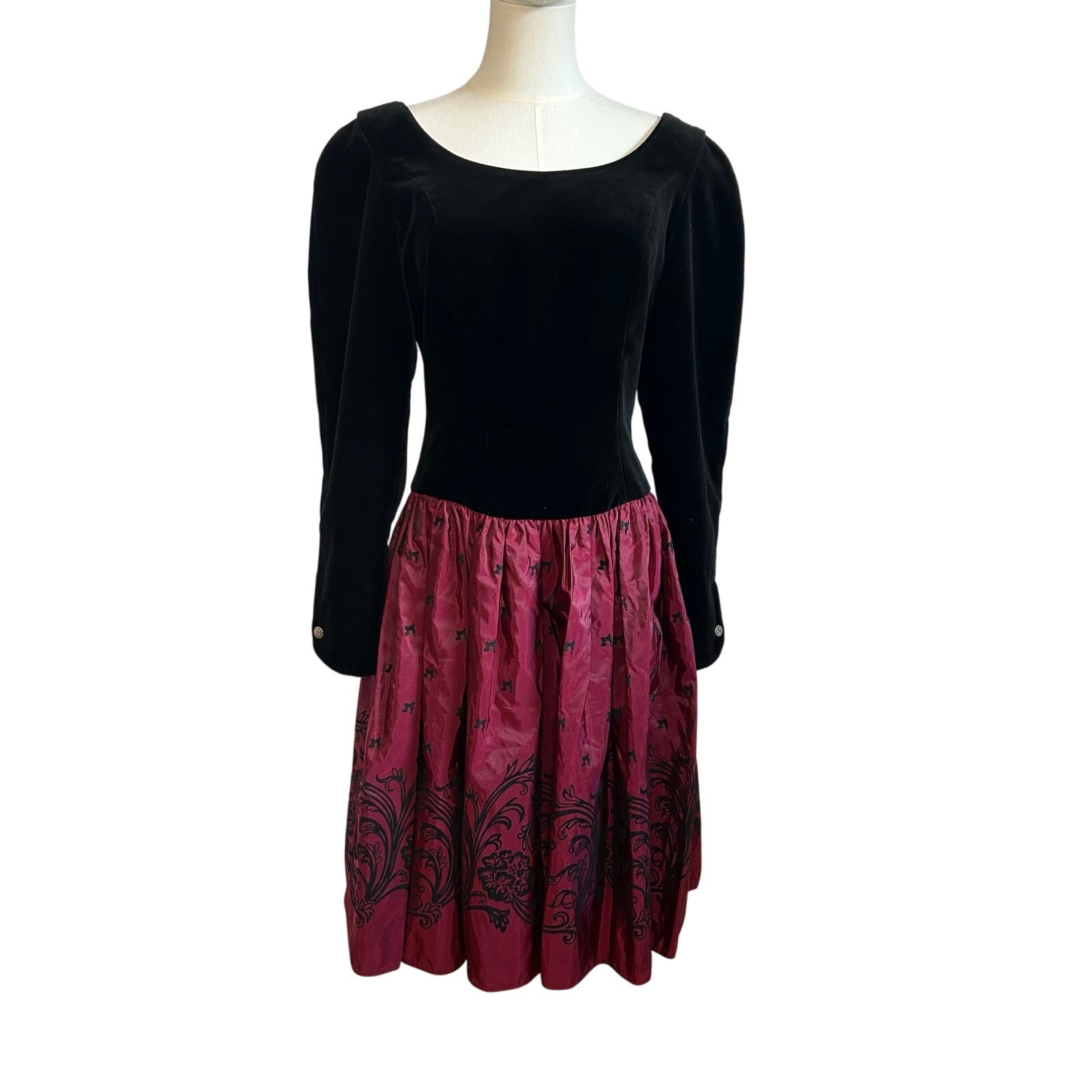 VTG 90s Laura Ashley Black Red Velvet 12 Midi Dress Long Sleeve Whimsigoth