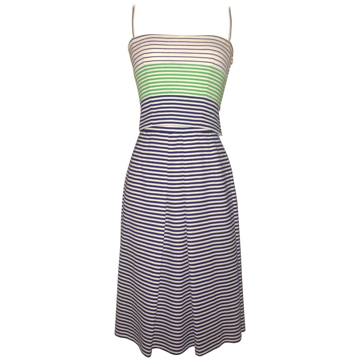 Lanvin VTG 1960s Blue White Striped Crop Tank Top and Skirt Dress Ensemble XS 0