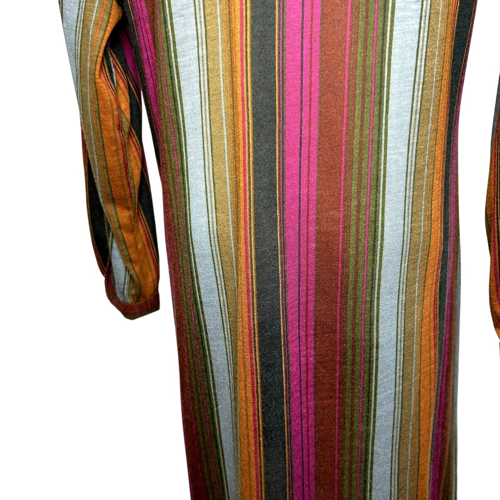 VTG 70s Knit Turtleneck Midi Dress L Pussy Bow Multicolor Bespoke Retro Twee