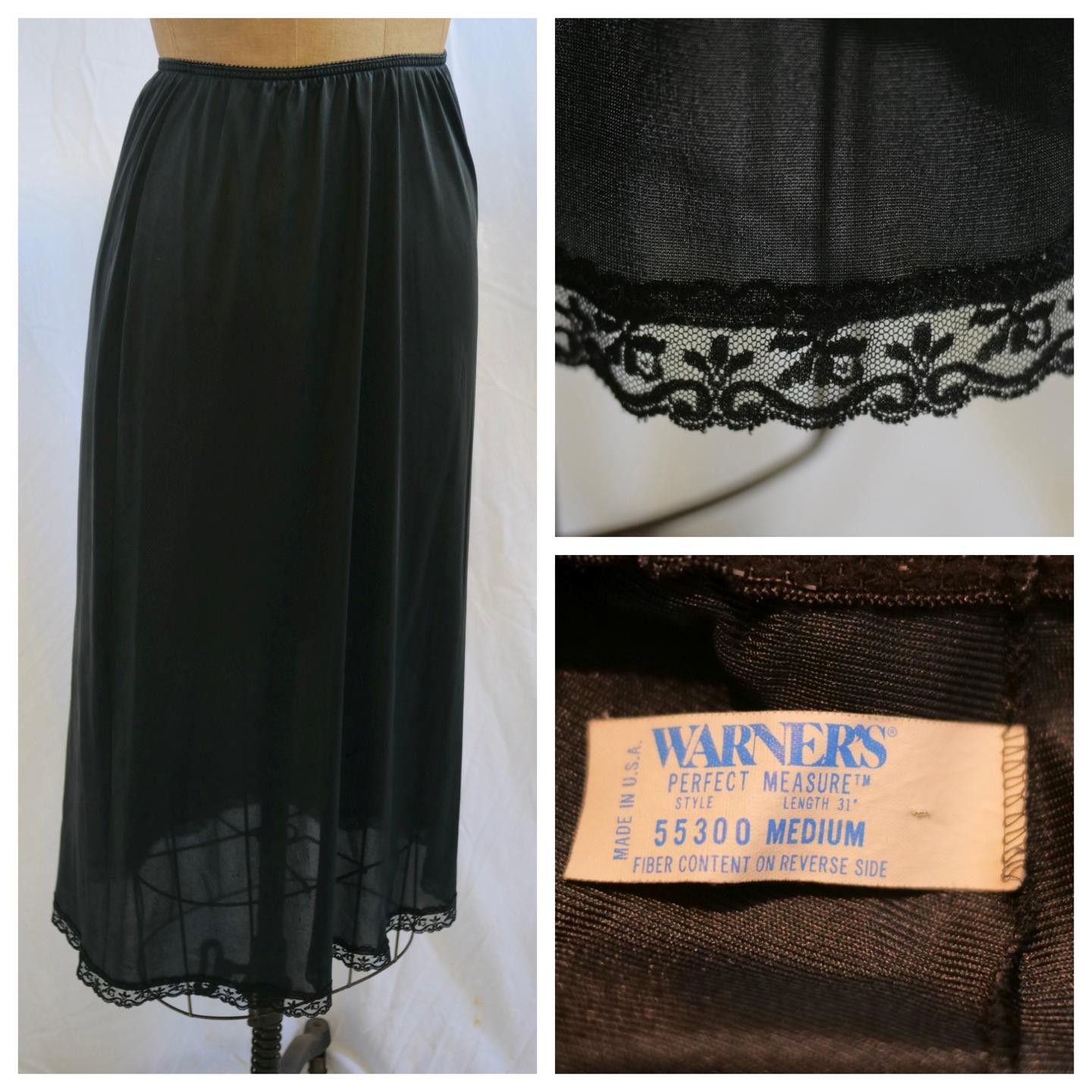 Vintage WARNERS Perfect Measure Black Half Slip Skirt Petticoat LACE USA M EUC