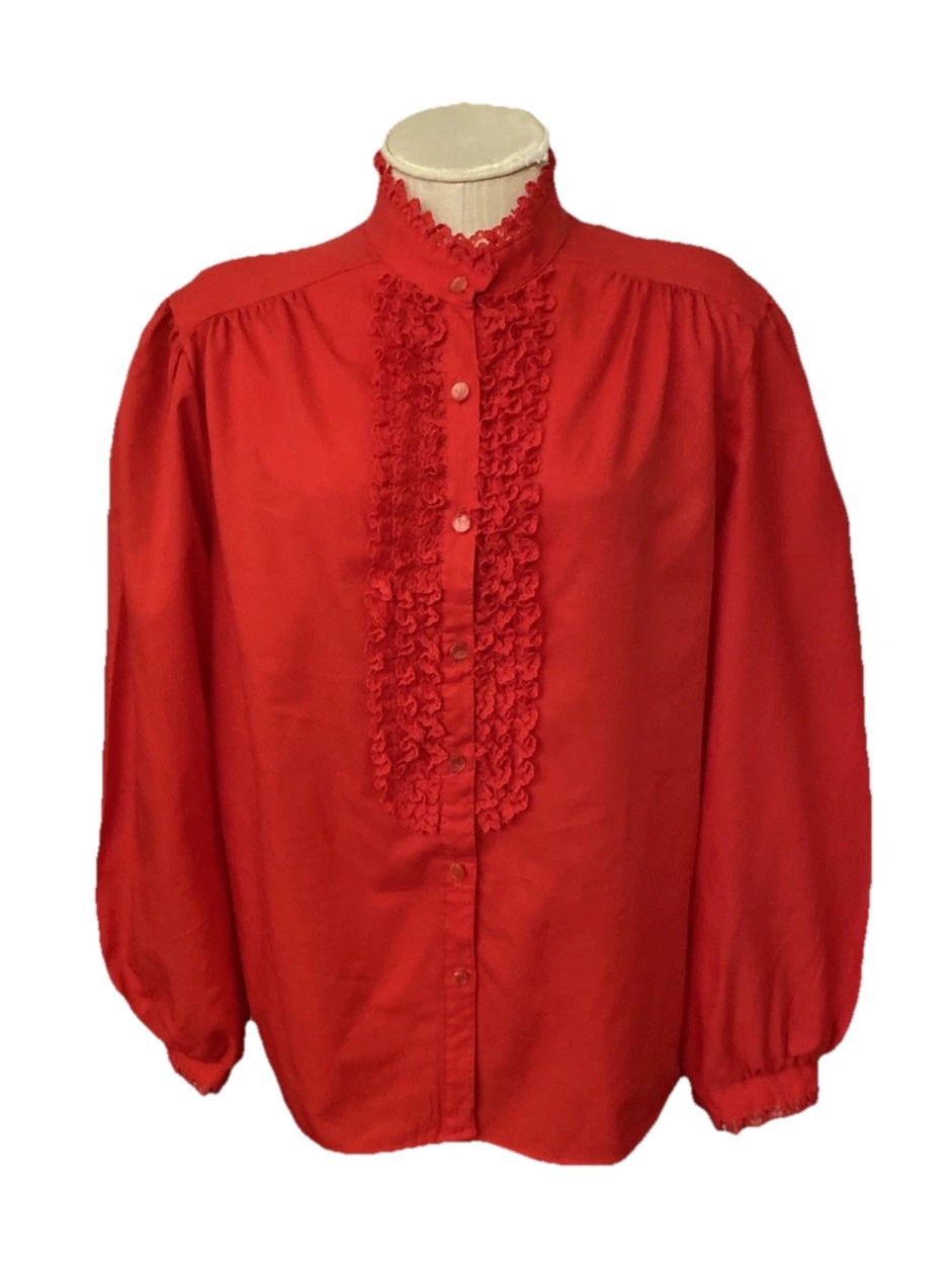 Río Blouse VTG 60/70s Red Ruffled Front Top Wom 42 = XL (46” Bust) ILGWU Tag-USA