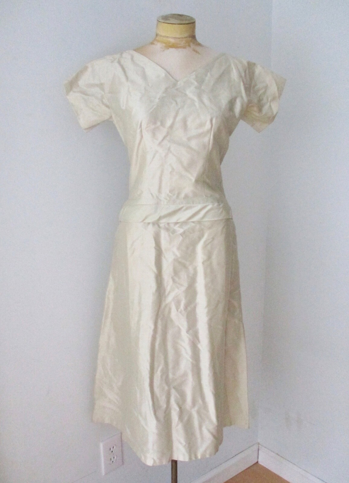 Vtg 50s Rockabilly champagne silk shantung cocktail swing dress full skirt bow S