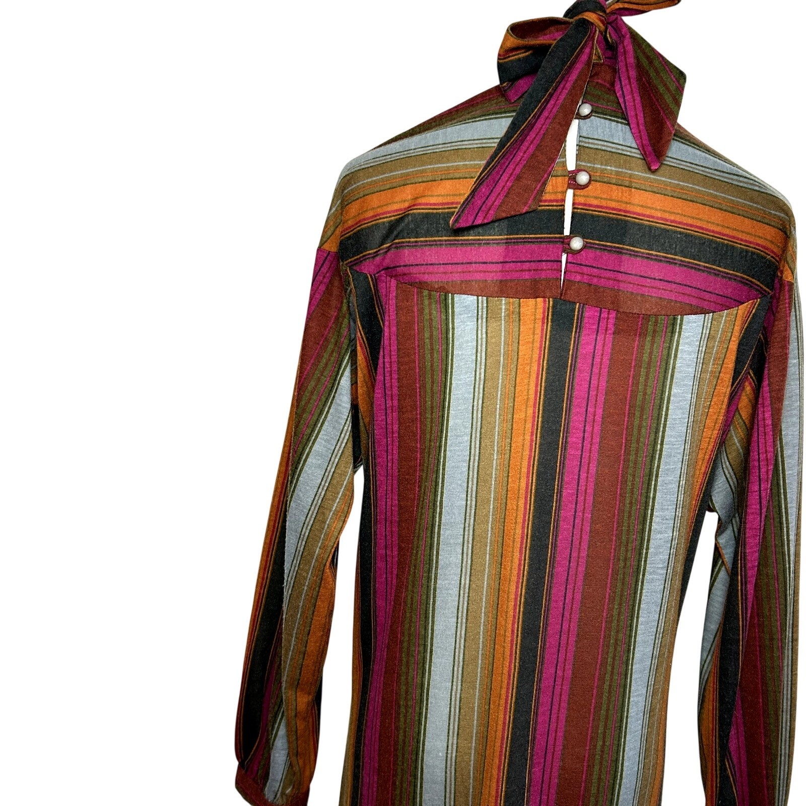 VTG 70s Knit Turtleneck Midi Dress L Pussy Bow Multicolor Bespoke Retro Twee