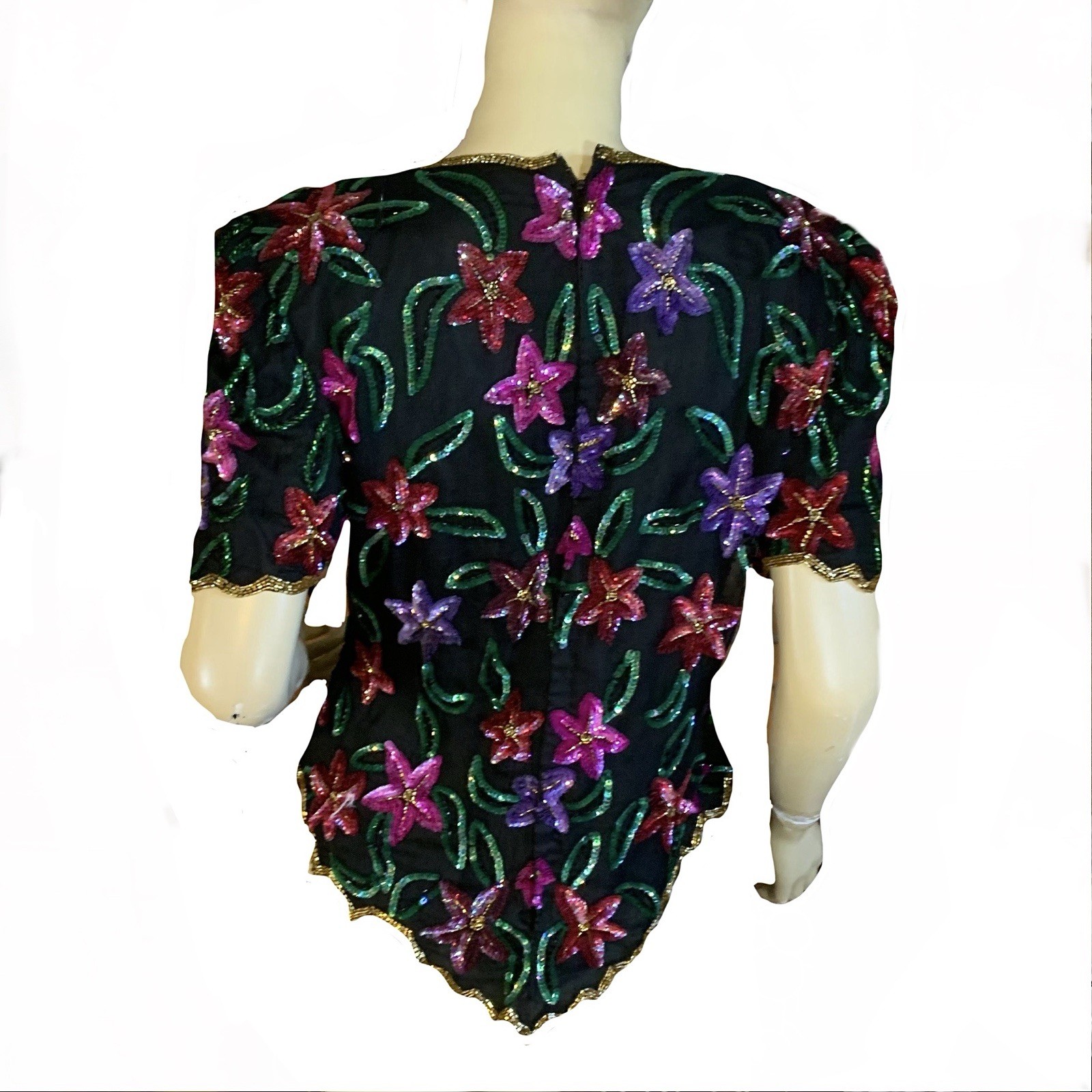 VINTAGE CIRCA 1980’S LAURENCE KAZAR MULTI COLOR FLORAL & BLACK SEQUIN TOP SZ LG