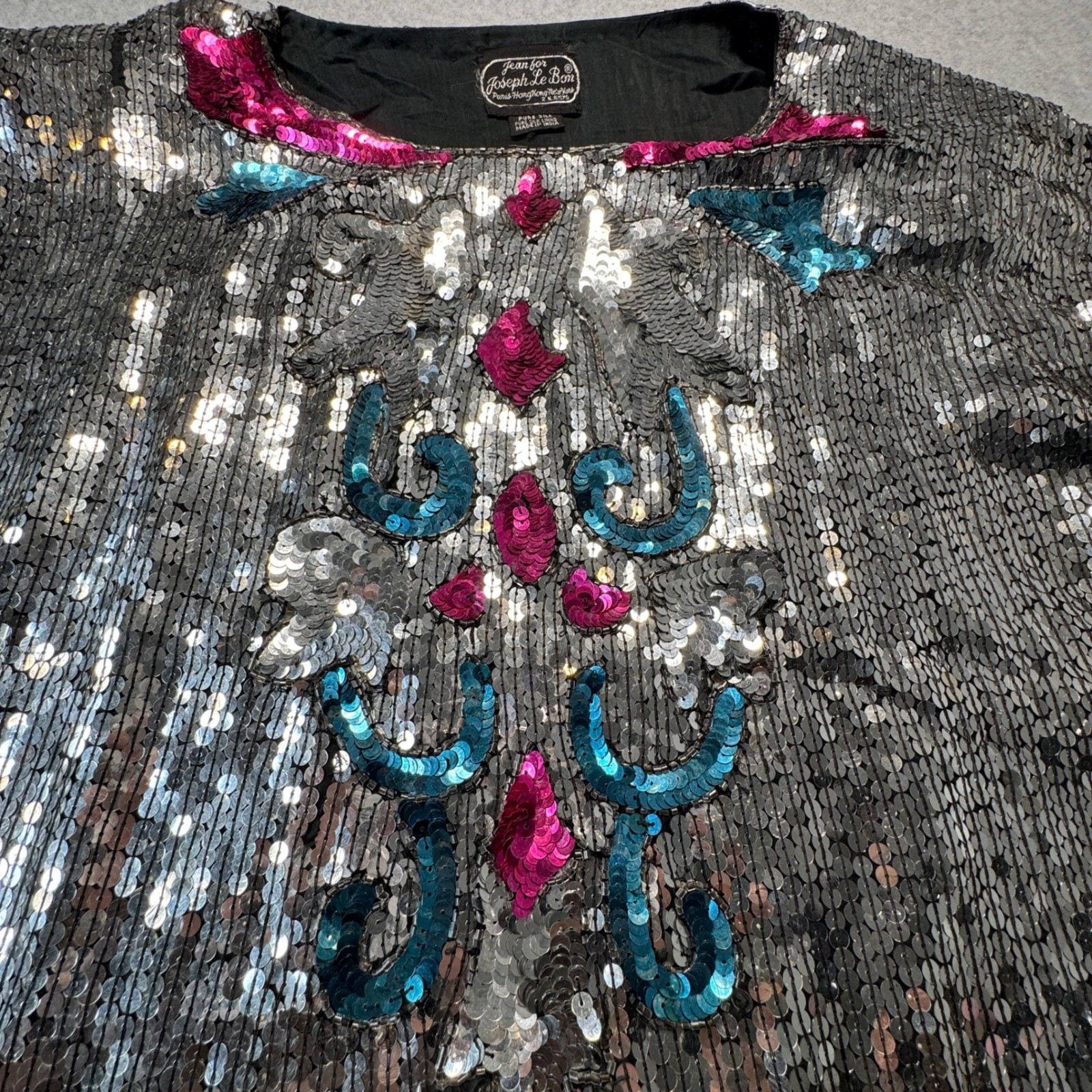 Joseph Le Bon Vintage Silk Sequin Blouse Silver Pink Turquoise Short Sleeve Top