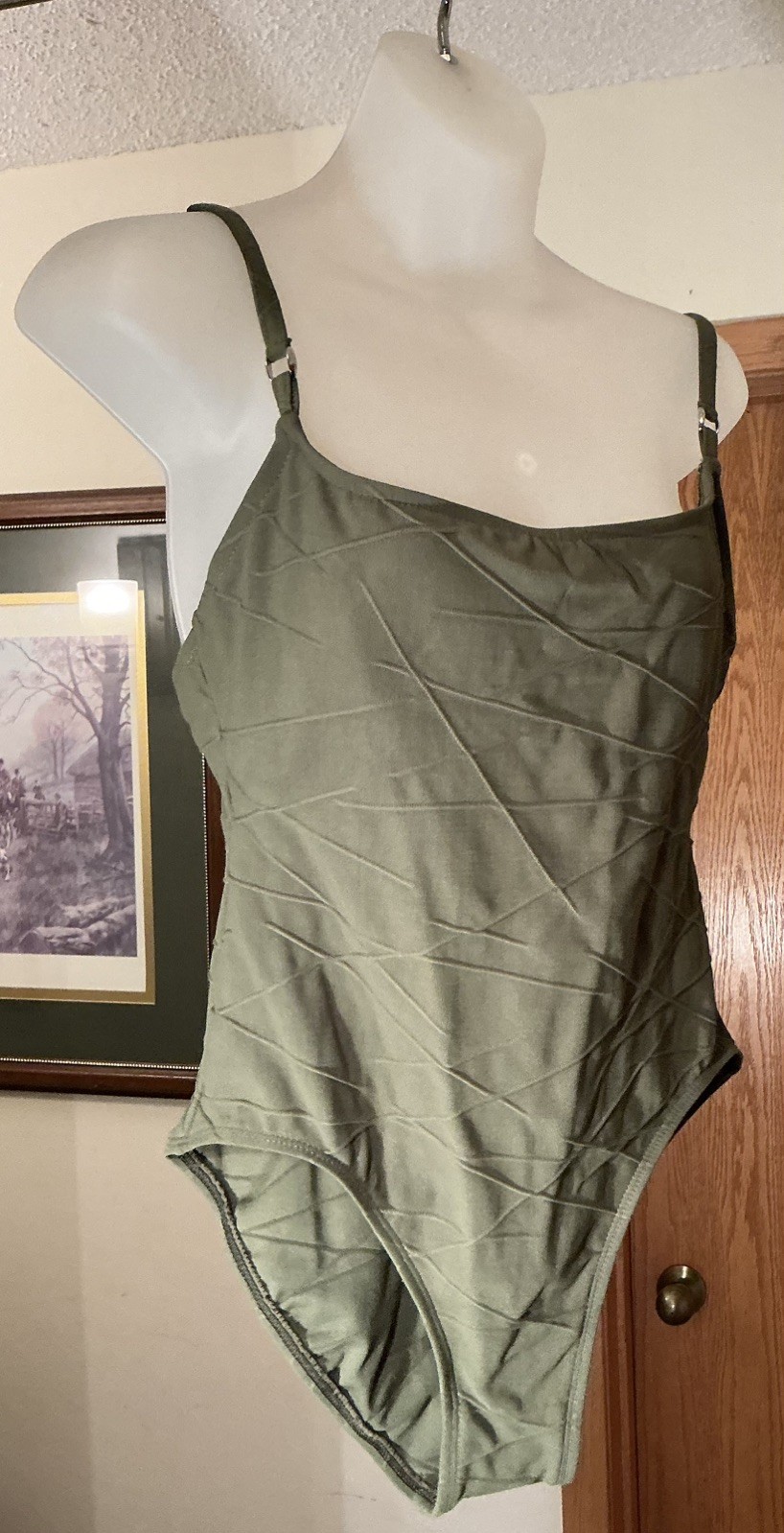 Vintage Athena Collection Swimsuit Olive Green Womens Size 12 Textured One Piece
