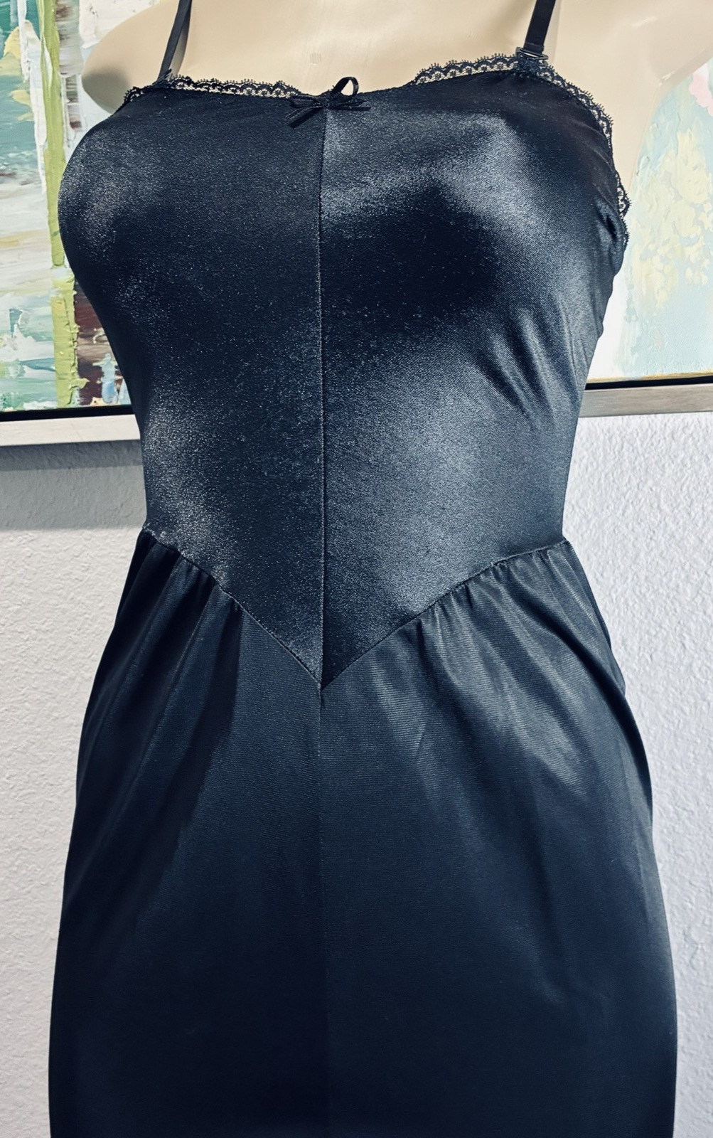 Vtg Nylon Spandex Black Maxi Long Dress Slip 32