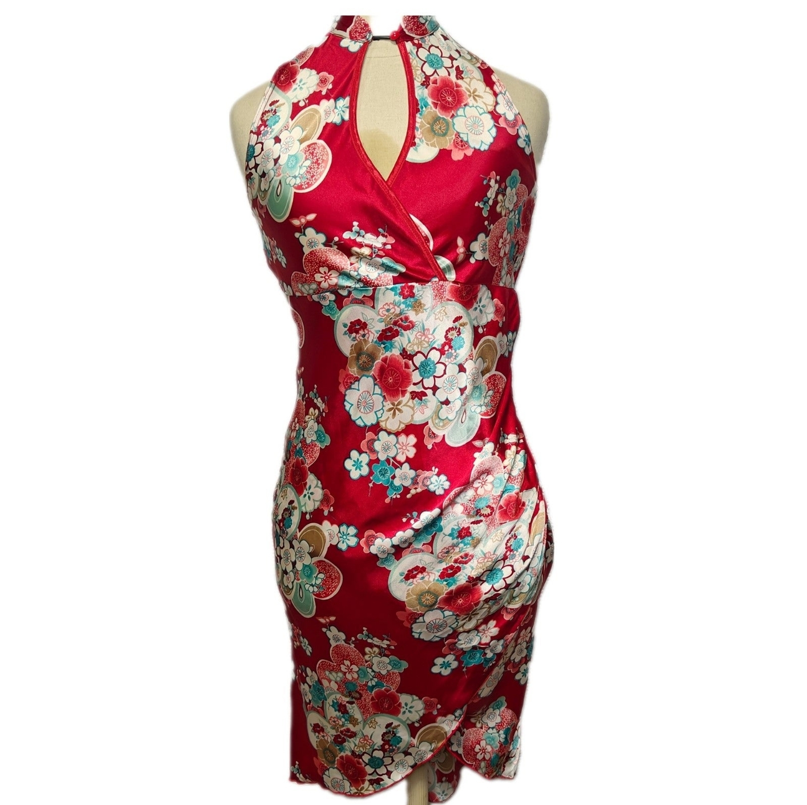 Y2K 90s Asian Inspired Halter Minidress Silky Fabric Cherry Blossom Print Small