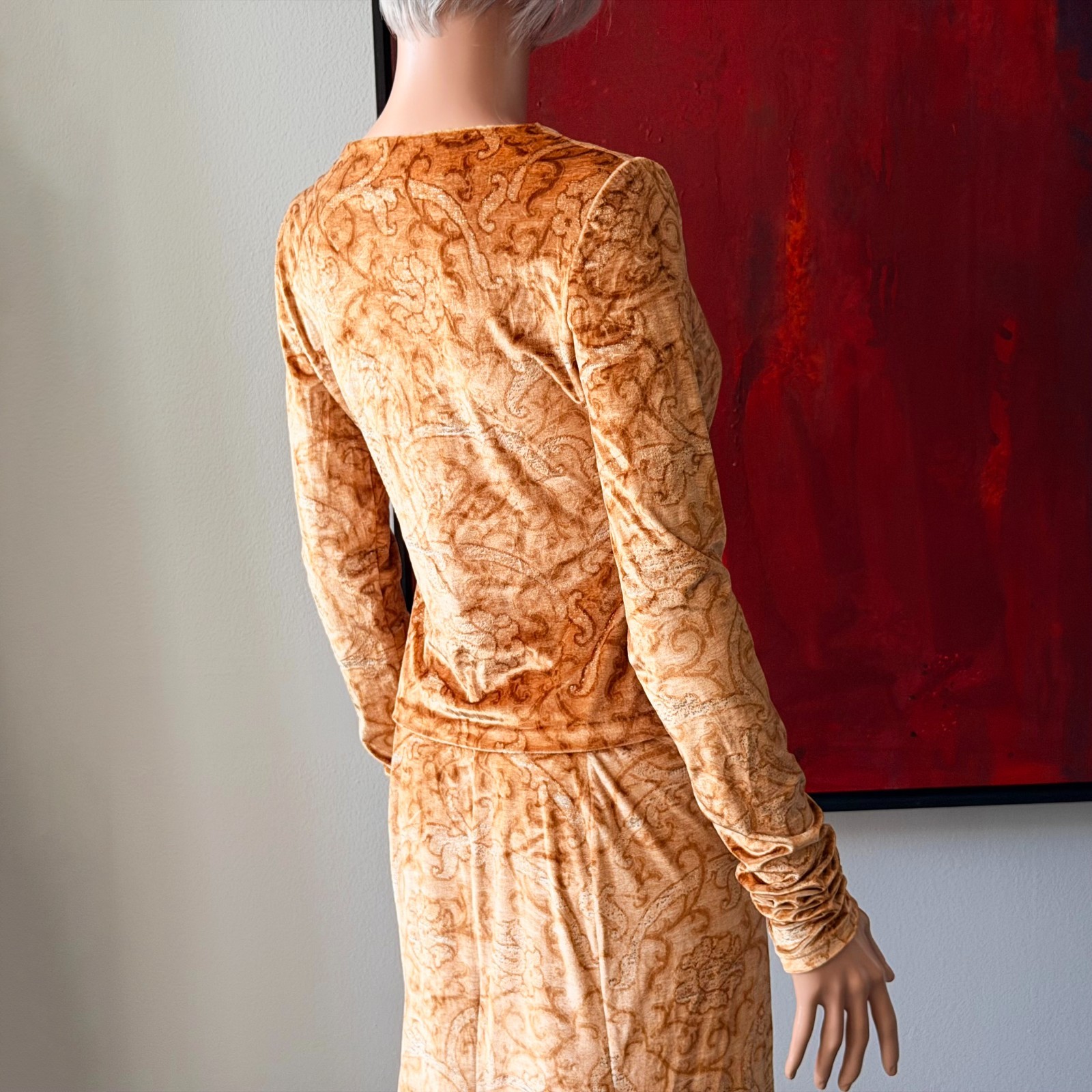 ROBERTO CAVALLI stretch velvet set top & skirt Baroque print from 1990s