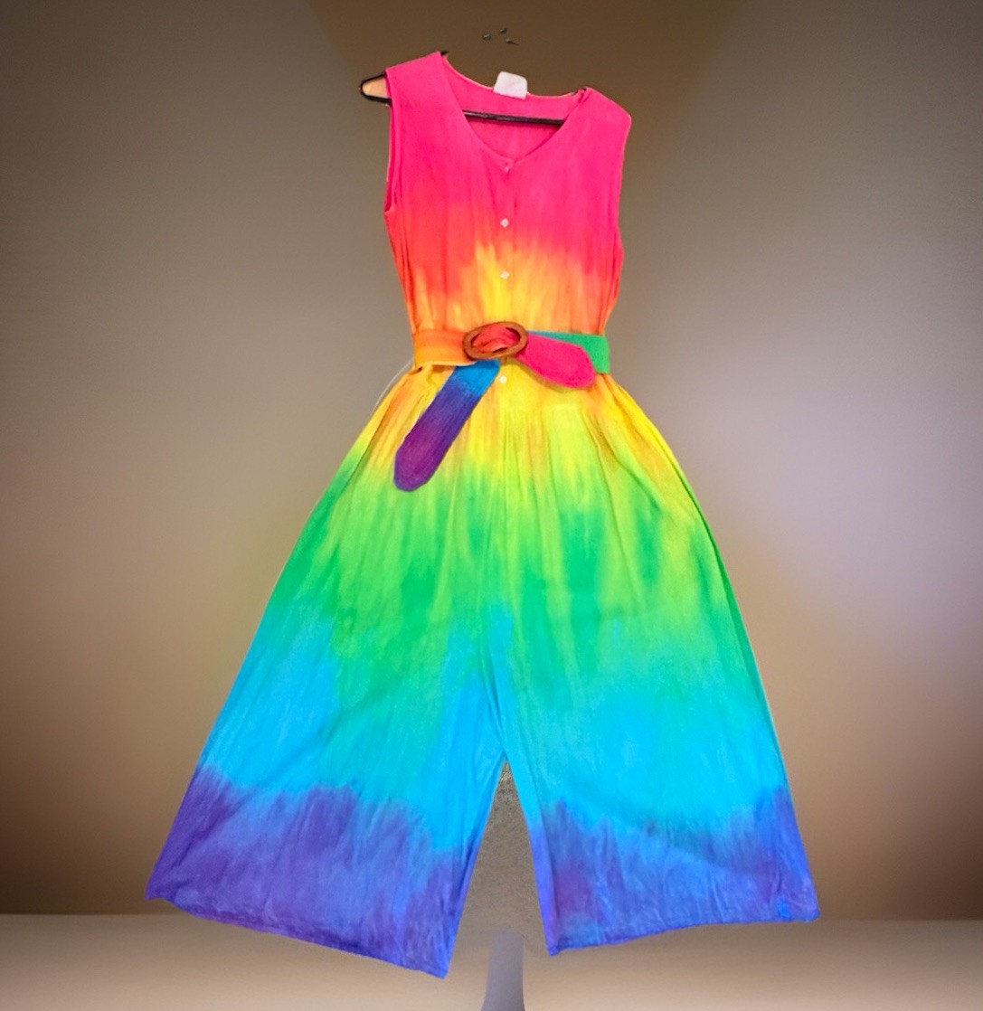 VTG 1980s Cotton Batik Rainbow Print Jumpsuit Sz Small Wide Leg Hand Dyed Tobago