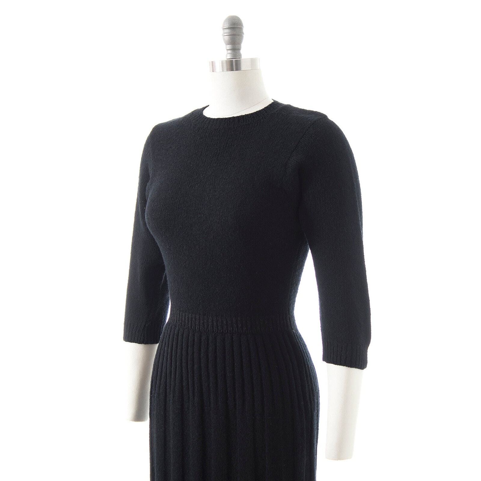 Vintage 1940s 1950s Sweater Dress Black Knit Wool Stretchy Sheath Pin Up Wiggle