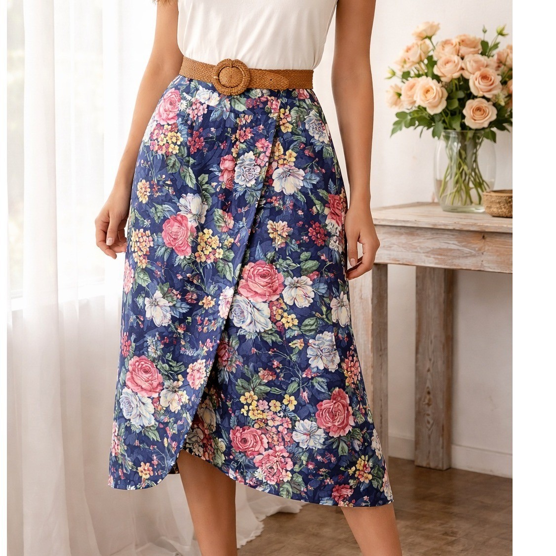 Selections by Manor House Vintage 80s Floral Wrap Midi Skirt Navy Cottagecore M