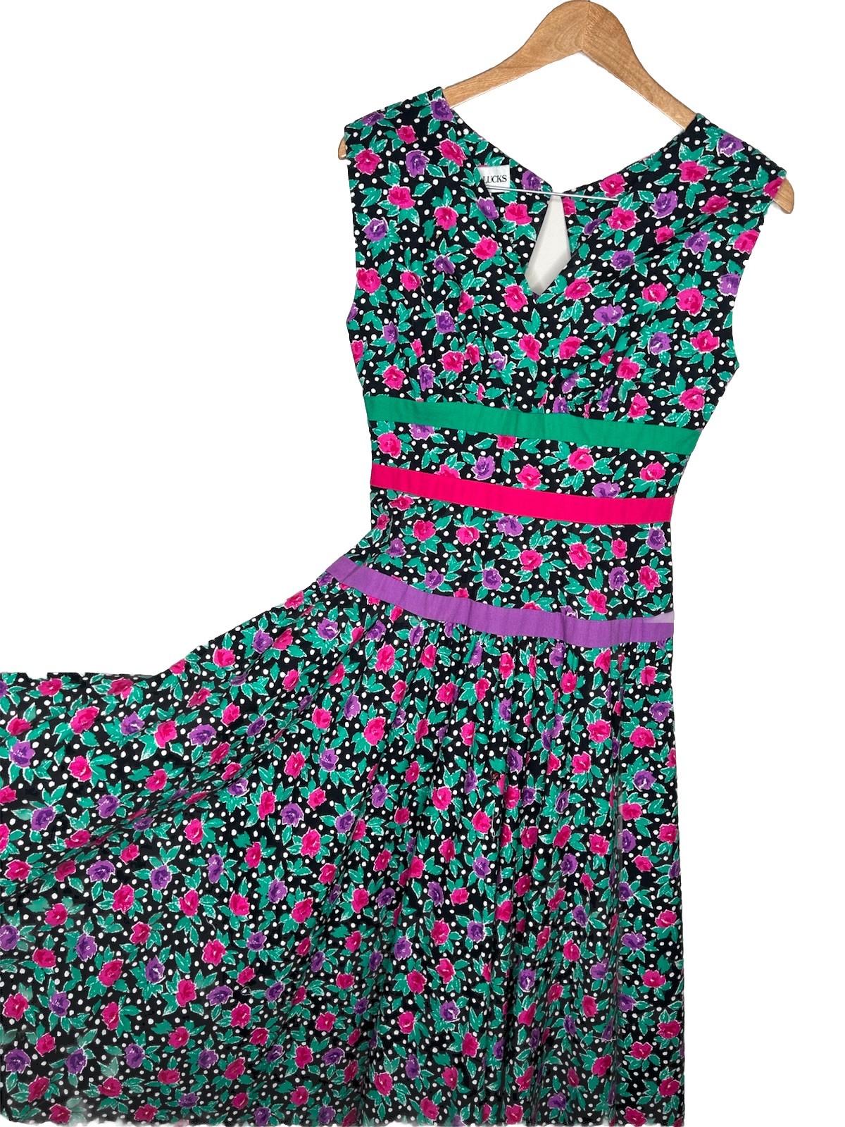 Vtg 80s Leslie Lucks Size 4 Whimsy Artsy Polka Dot Bow Floral Pleated Dress