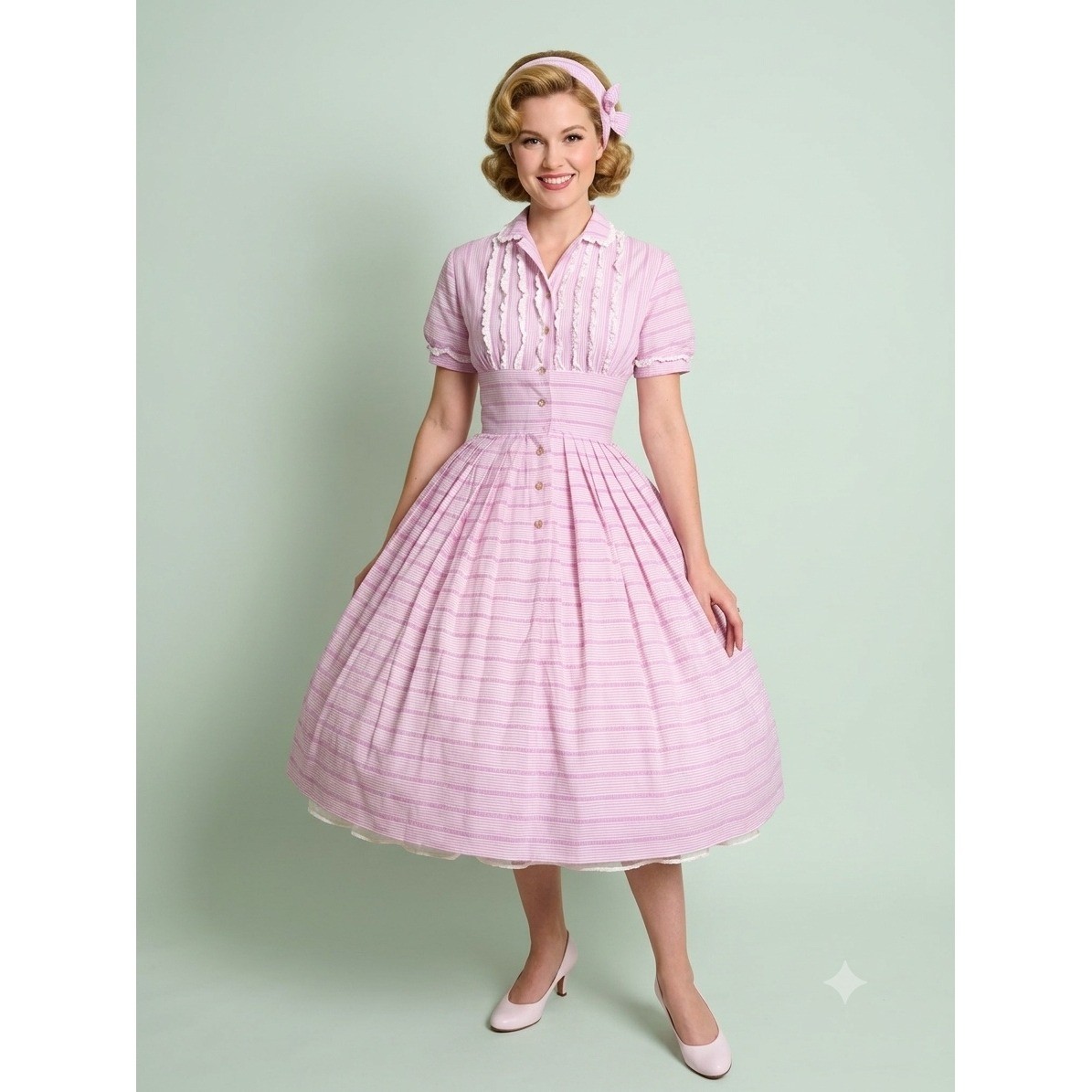Cute Vintage 1950s Pixie of California Purple Candy Stripe Lace Ruffle Dress