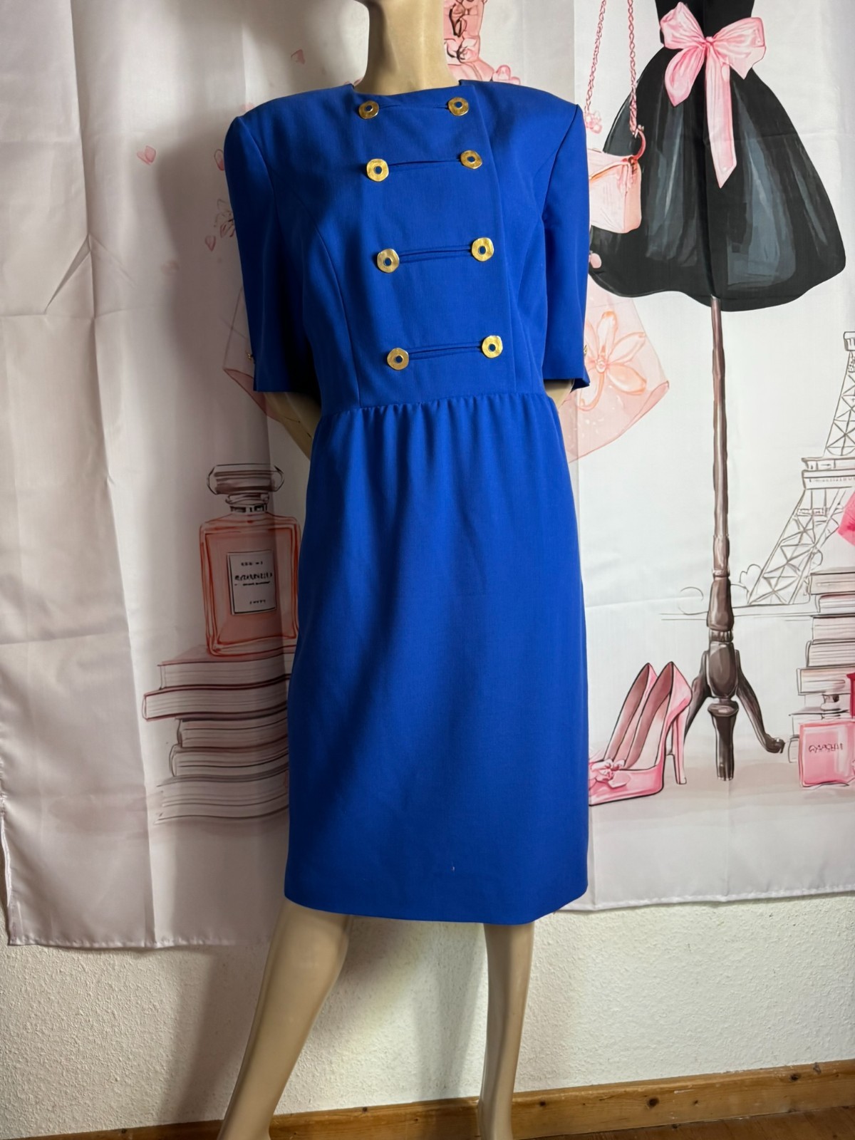 Vintage Dress Royal Blue Gold Buttons Navy Style 80s 90s Size 42 44