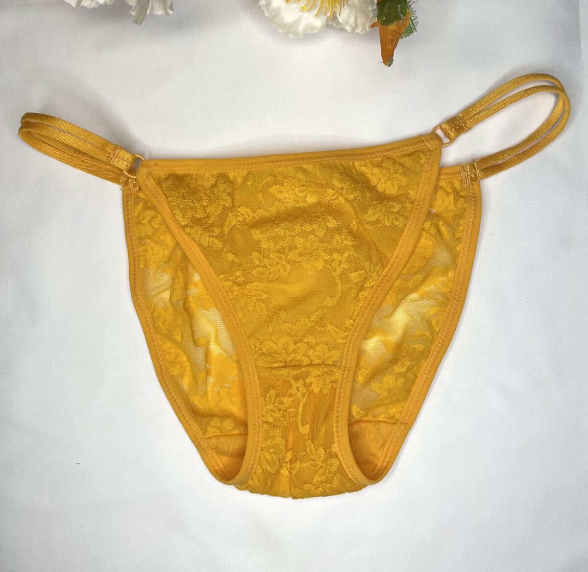 Retro Floral Mesh Sheer Nylon Panty Silky Lace Golden Hi Cut Bikini Briefs Sz.5