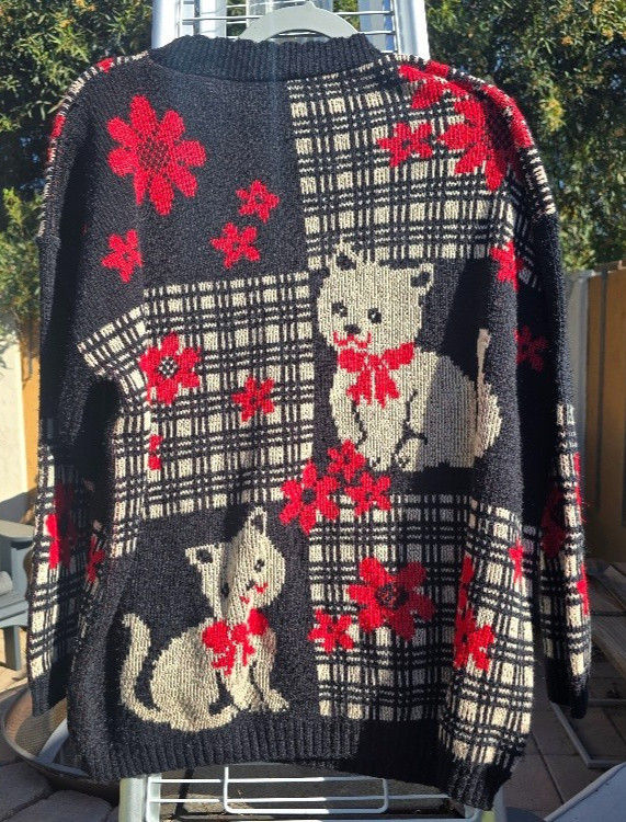 VTG 80s 90s Womans Classic Essentials „Smitten Kitten” Knit Sweater 3X Black Red