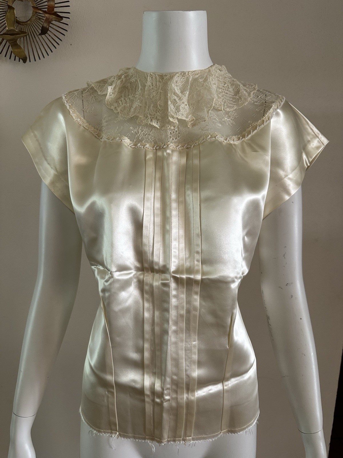 1940s Liquid Satin Lace Ruffle Collar Beaded Blouse Back Button Top VTG