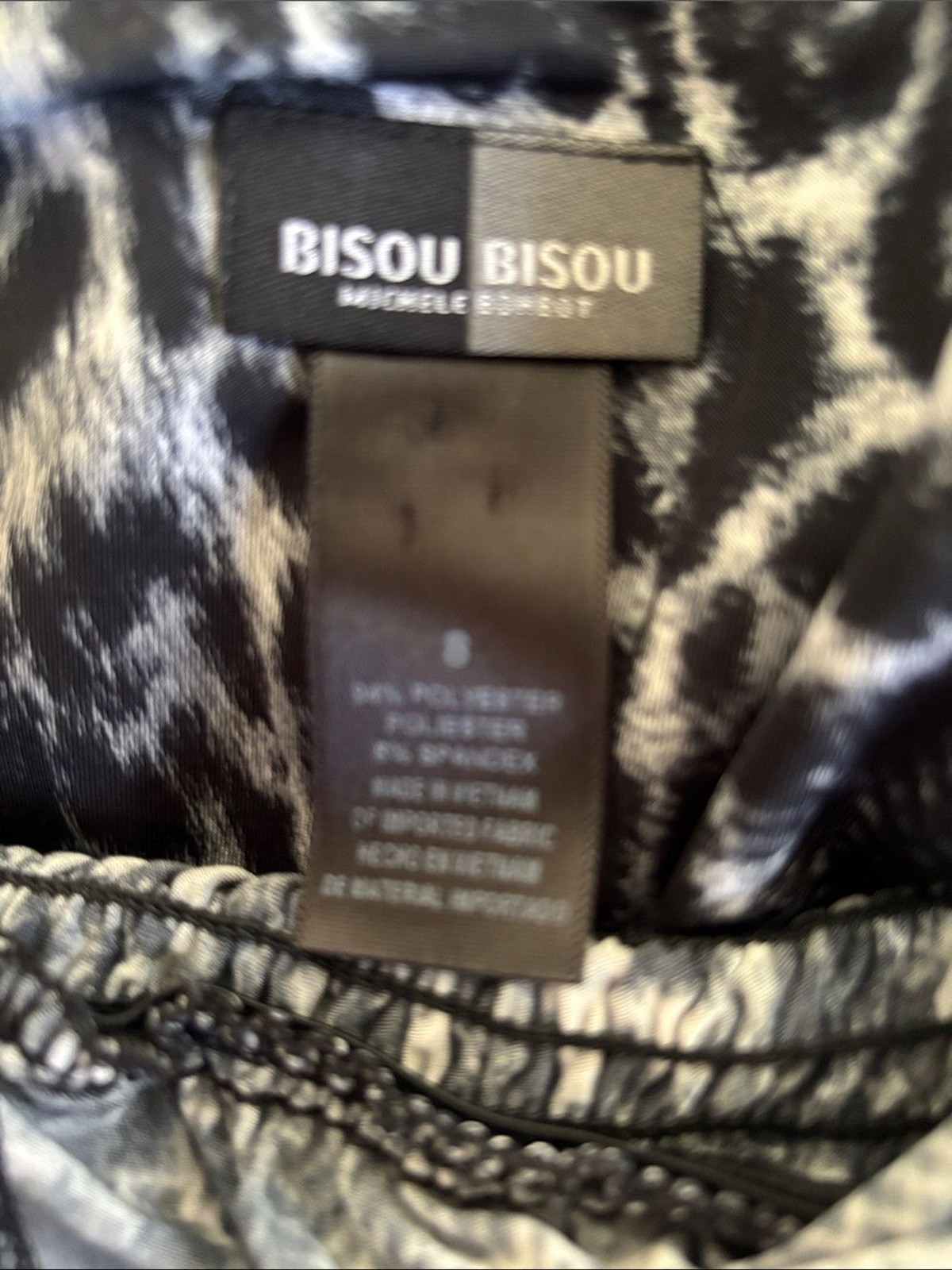 VTG Bisou Bisou Animal Print Empire Tied Waist Dress Sz 8 Gray Black Mob Wife