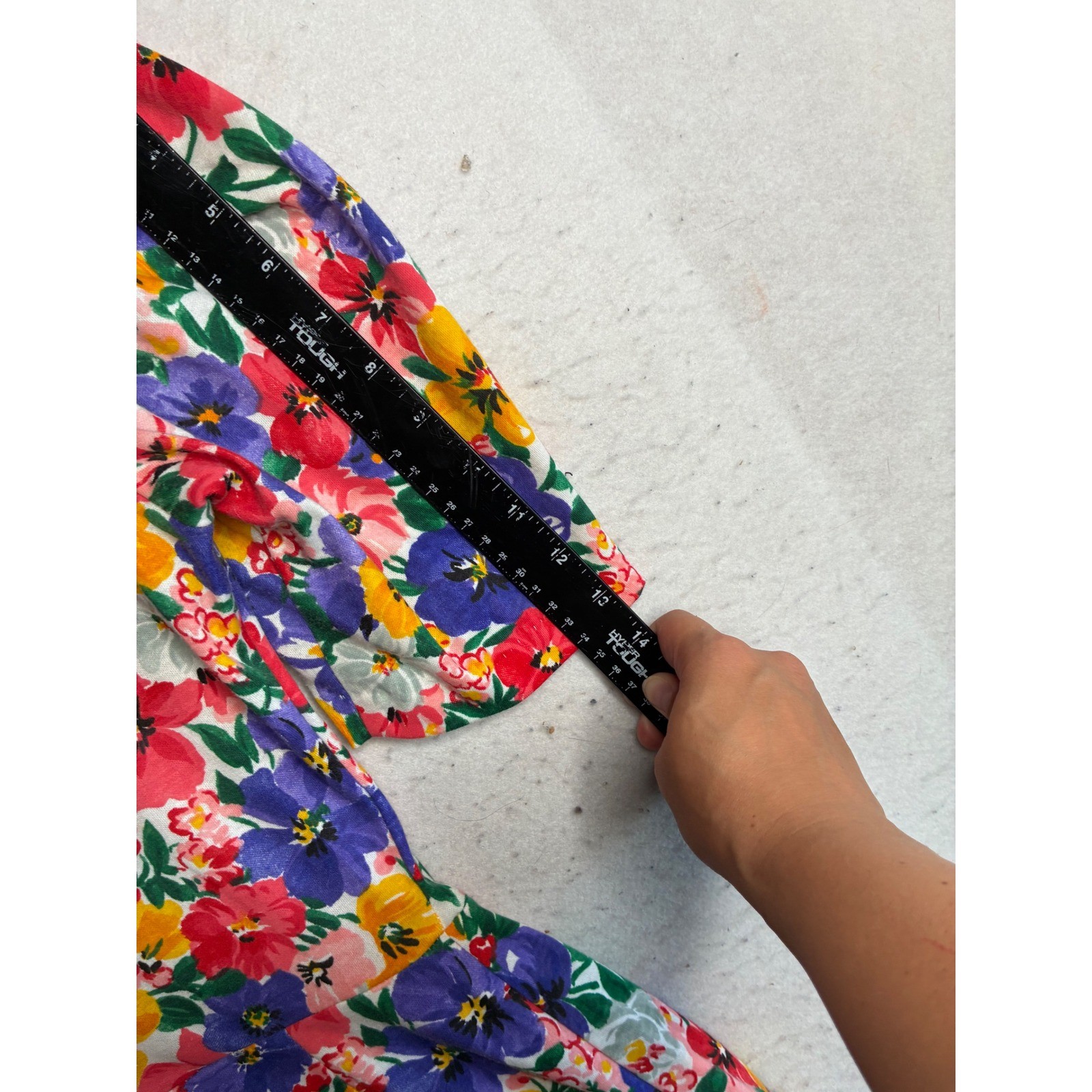 Vintage Expo Floral Ruching Midi Dress Multi Color Pansy Puff Sleeve USA Made 12