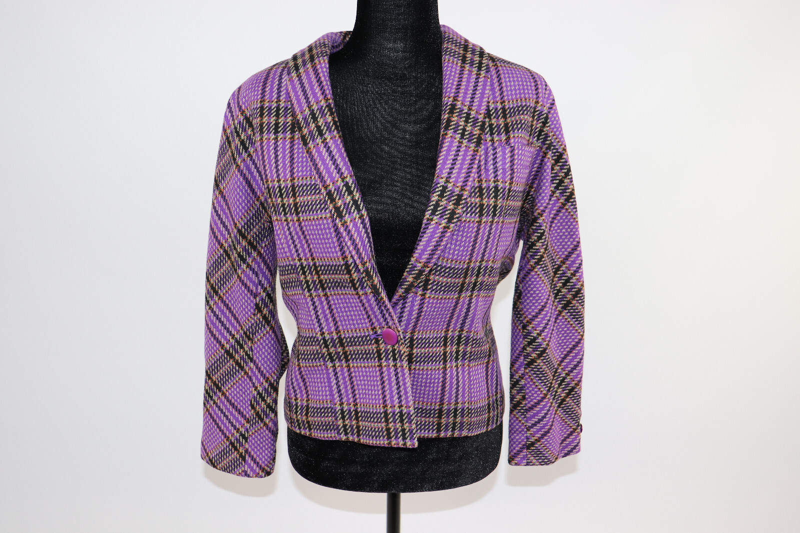 80s Apropos Inc – Sandra Roth Ciaosport – Purple and Black Plaid Blazer Coat