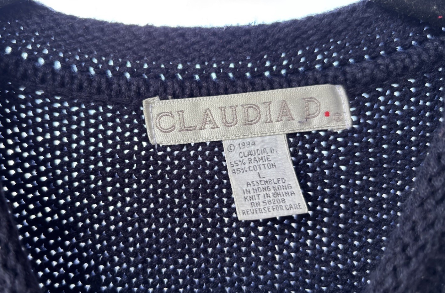 Claudia D. Star Heart Knit Sweater Womens L Navy Blue Good Vintage Americana