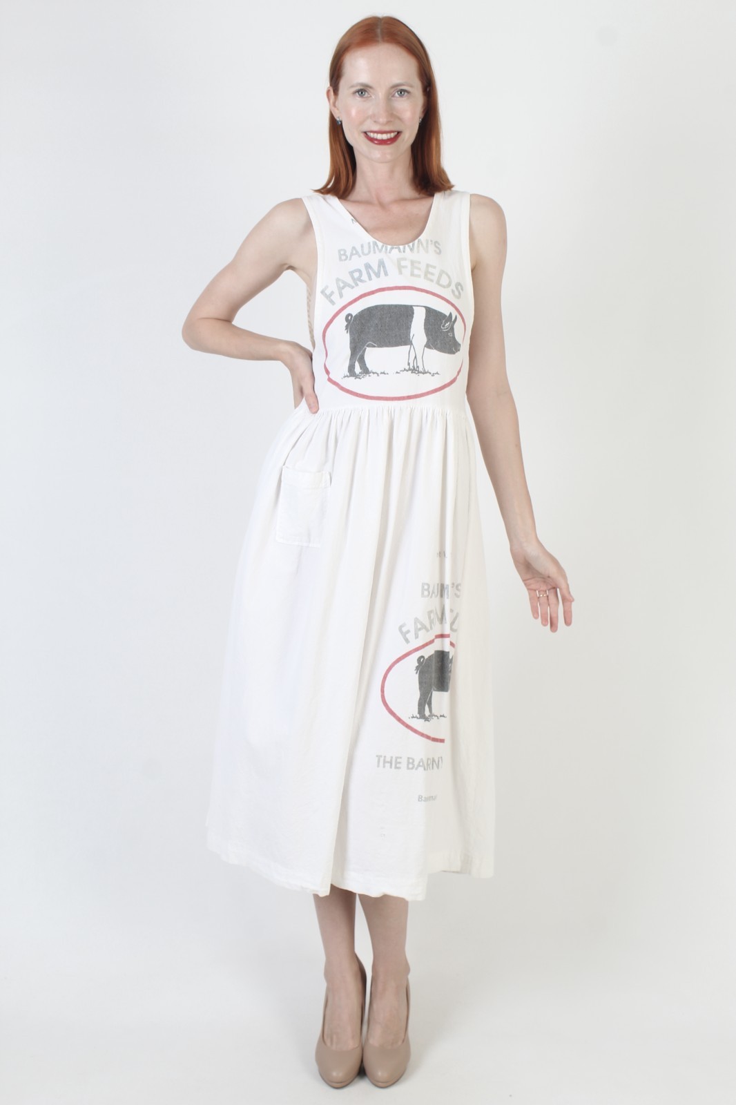 Vtg Baumanns Farm Feed Sack Dress Flour Grain Wht Country Apron Barn Pinafore