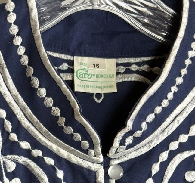 Caro Honolulu VTG Size 16 Blue Jacket Tunic White Floral Embroidery Loop Buttons