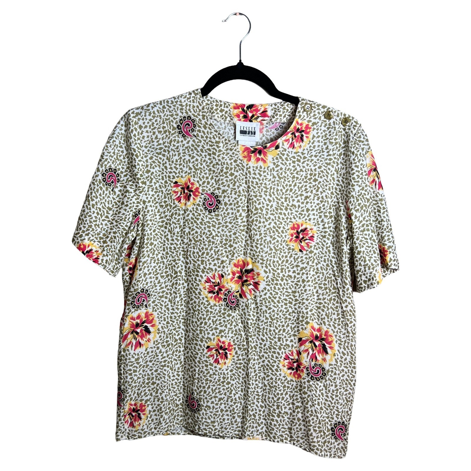 Leslie Fay Vintage 90s Floral Animal Print Button Shoulder Rayon Blouse Size 8