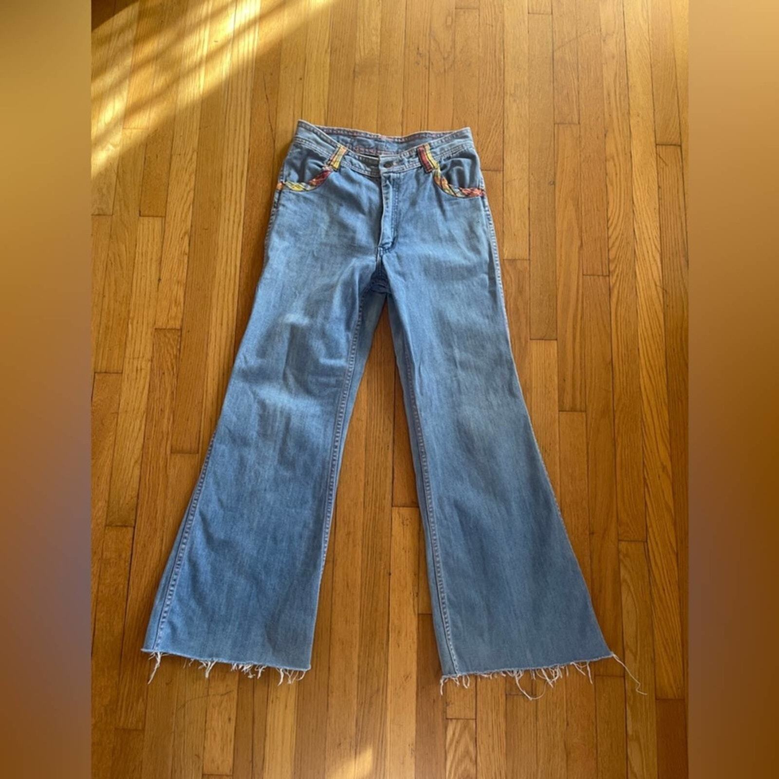 70s Vintage Faded Glory Light Wash Bell Bottoms w. Plaid Detailing