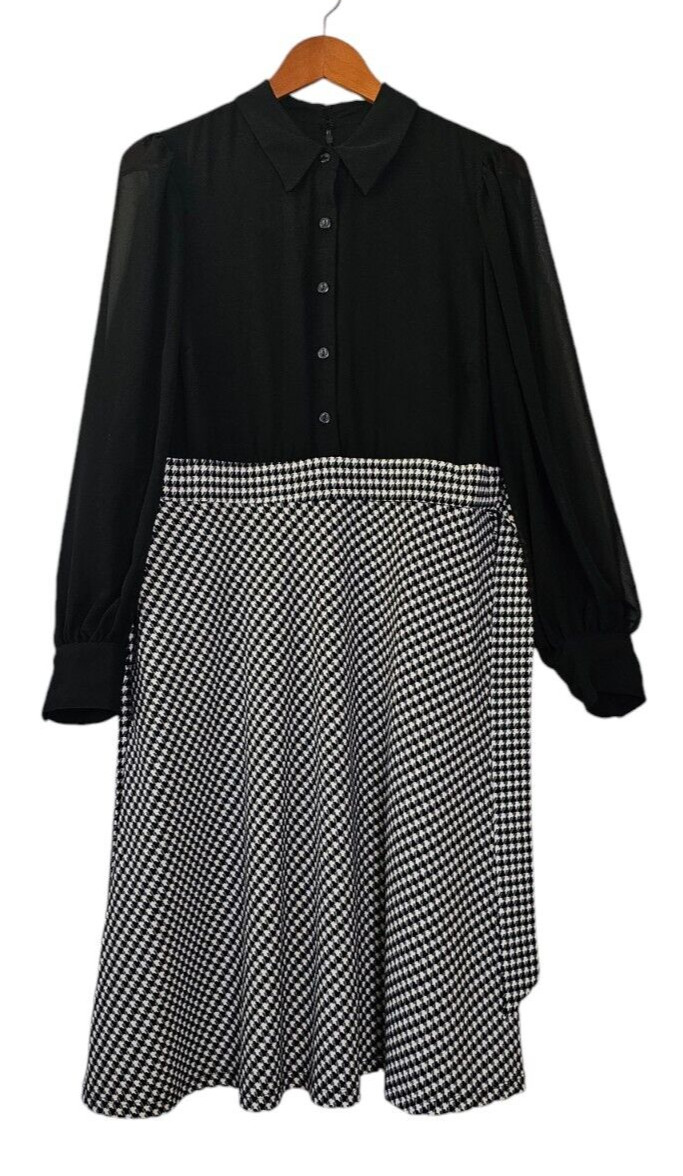 Vtg Shelby & Palmer Women’s Dress Black White Checker 90s Sheer Sleeves Sz 14