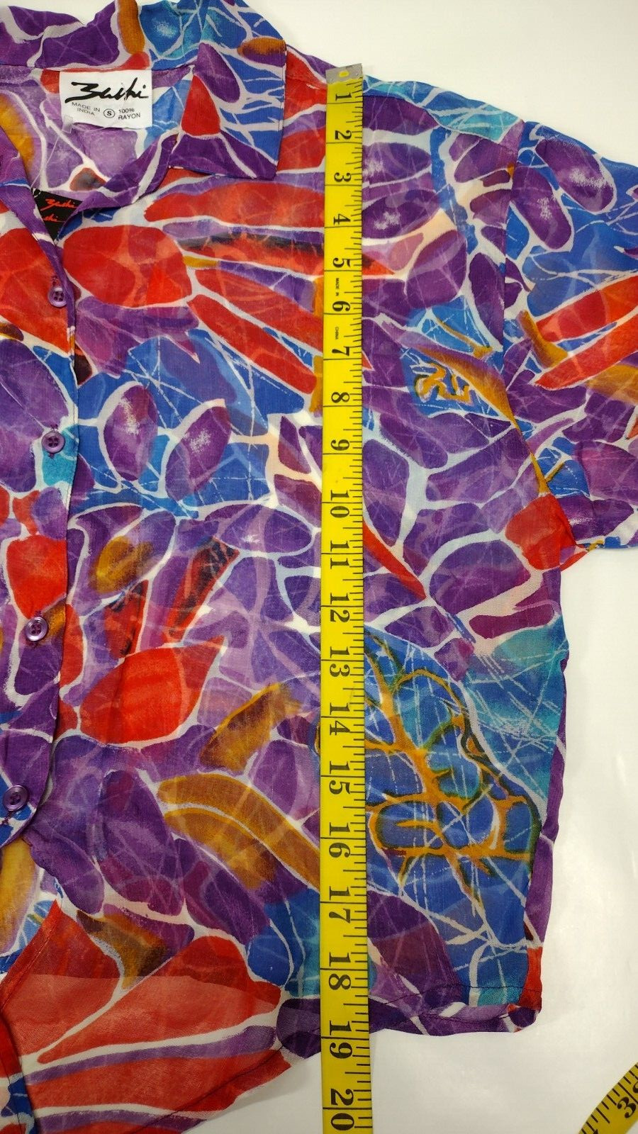 1990s Crop Style Short Sheer Shirt Unisex Purple Floral Rayon Tie Front GAY