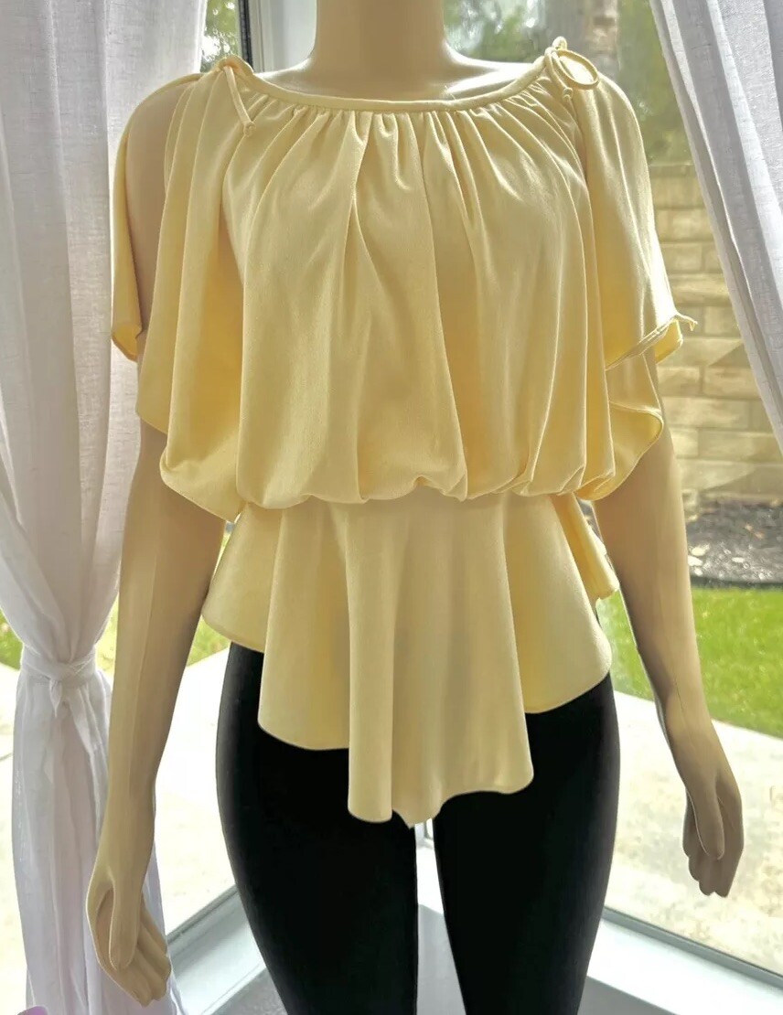 Vintage Patty O’Neil Yellow Peplum Blouse Size S Small Flutter Sleeve Top Retro