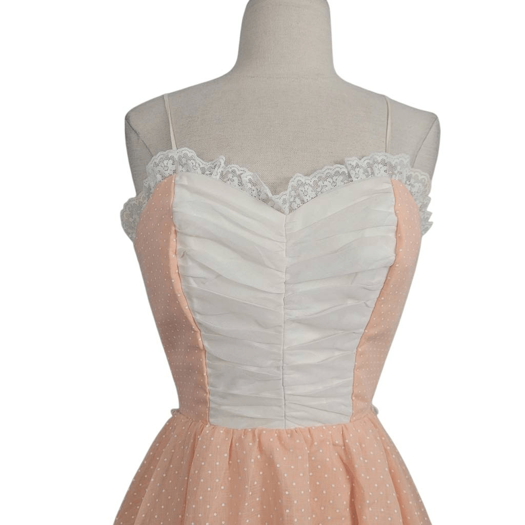 Vintage 1960s 1970s Peach Tiered Maxi Dress Sz XXS 2XS Lace Polka-dot Coquette
