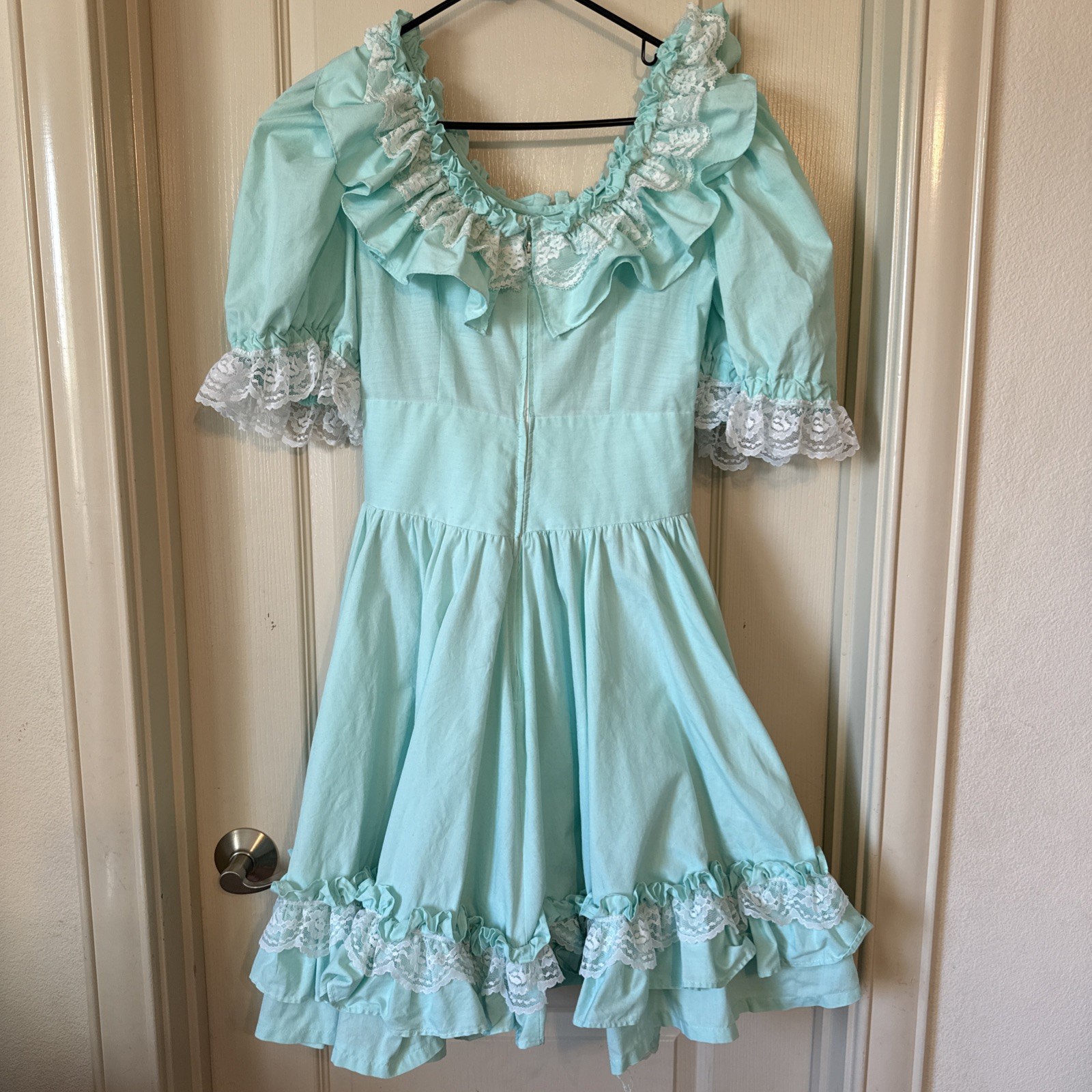 Vintage Large Square Dance Dress Mint Green Lace Prairie Western Cottagecore