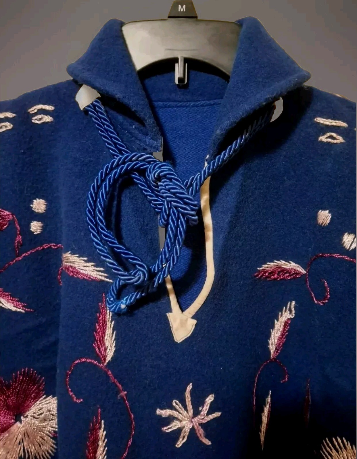 Indigo Floral Fringe Poncho Medium Vintage