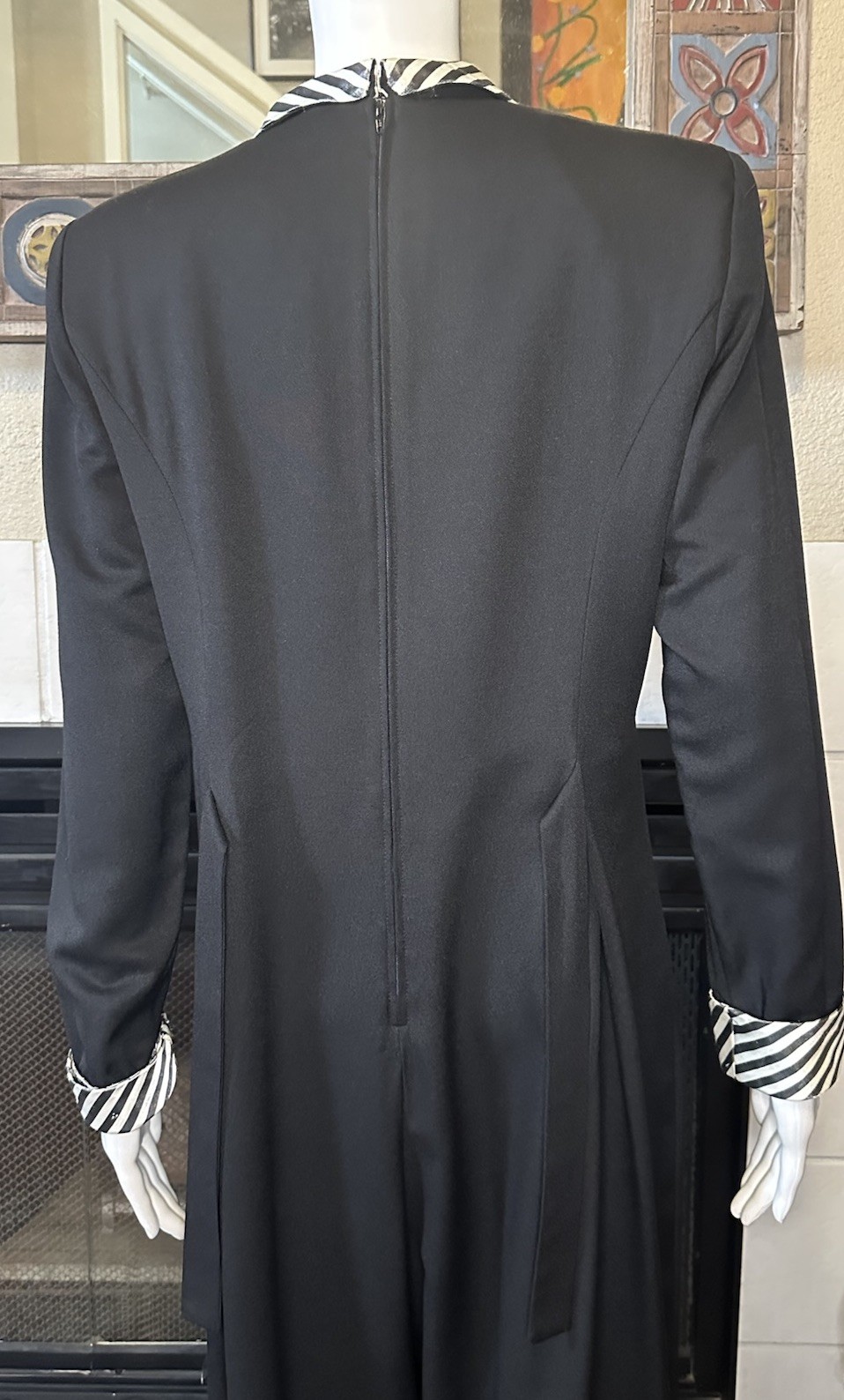Vintage Black Striped Shawl Collar Wide Leg Palazzo Tie Back Tuxedo Jumpsuit
