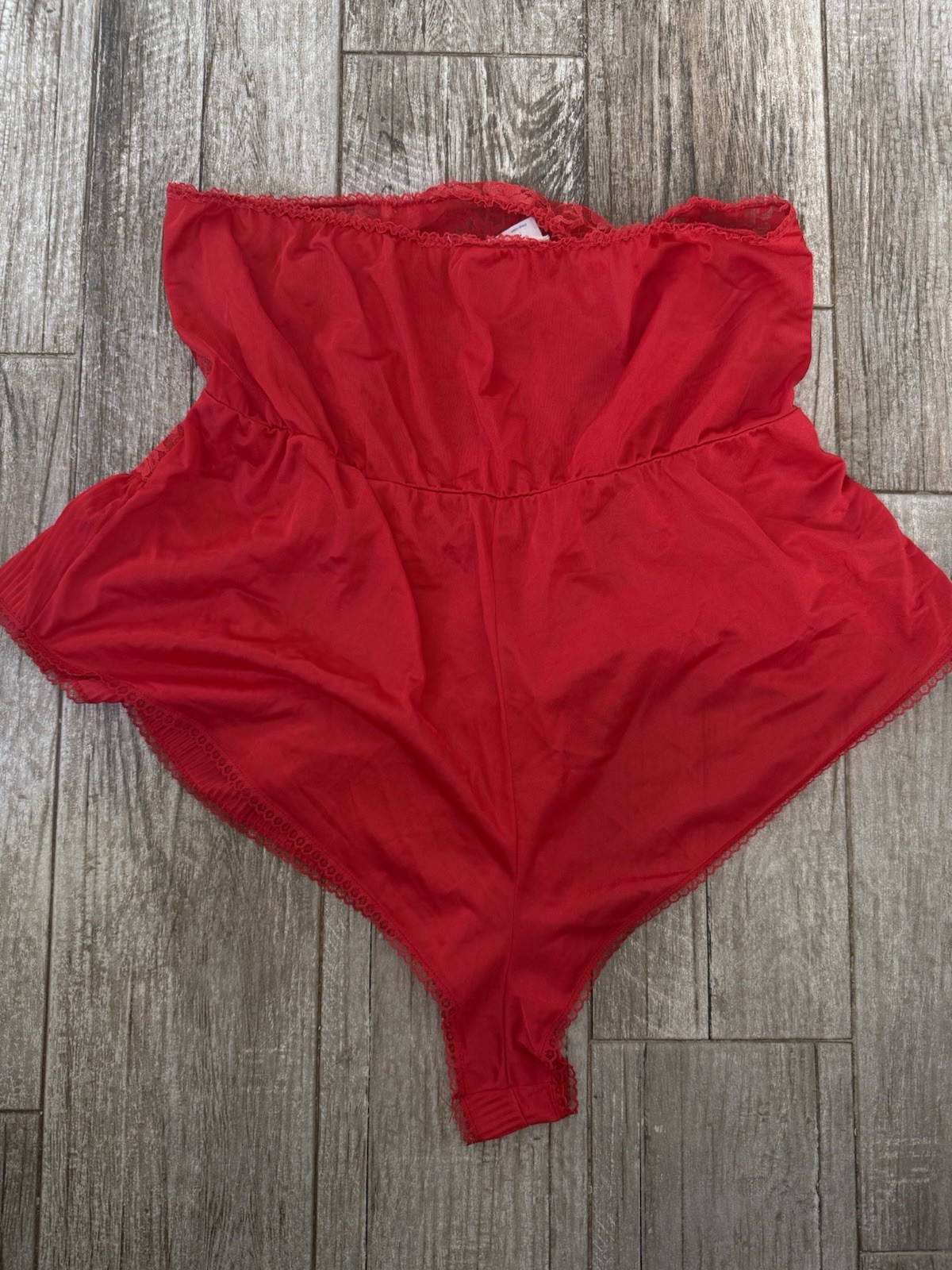 Vtg Strapless Sheer Red Lace Nylon Romper Negligee Lingerie Pleated Skirt XL