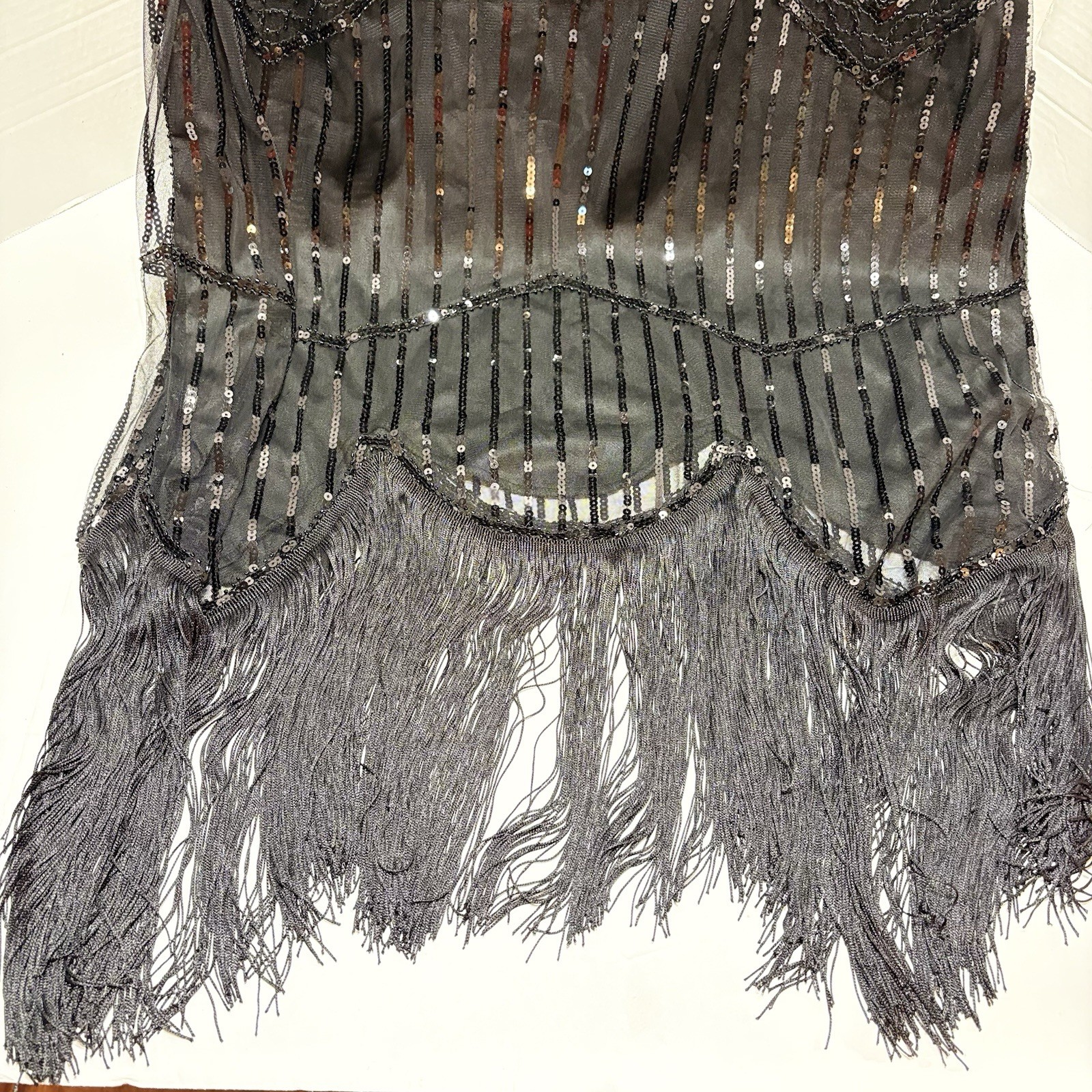 Black Sequin Beaded Flapper Dress Gatsby Fringe Mesh Cocktail Party Dress 3XL
