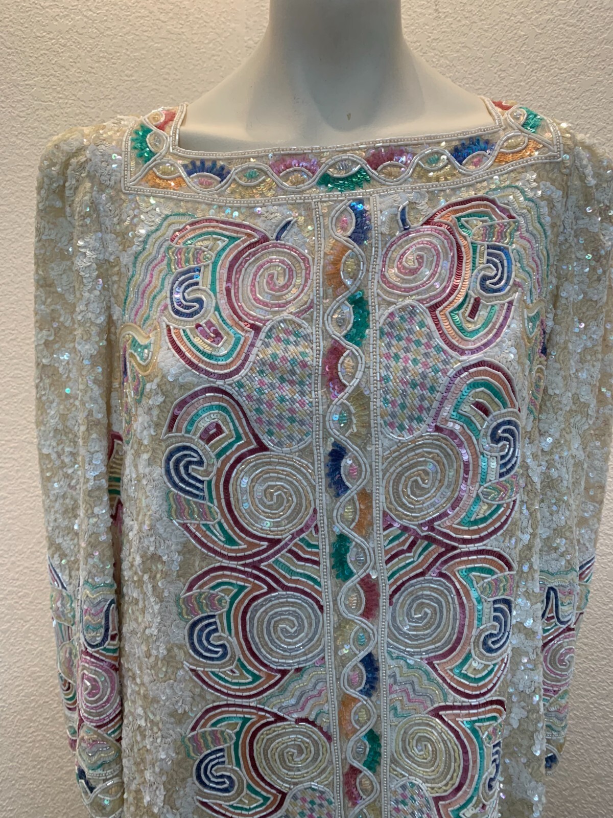 Vintage heavily beaded fabulous Mary McFadden tunic sz 16 pre owned cream/multi