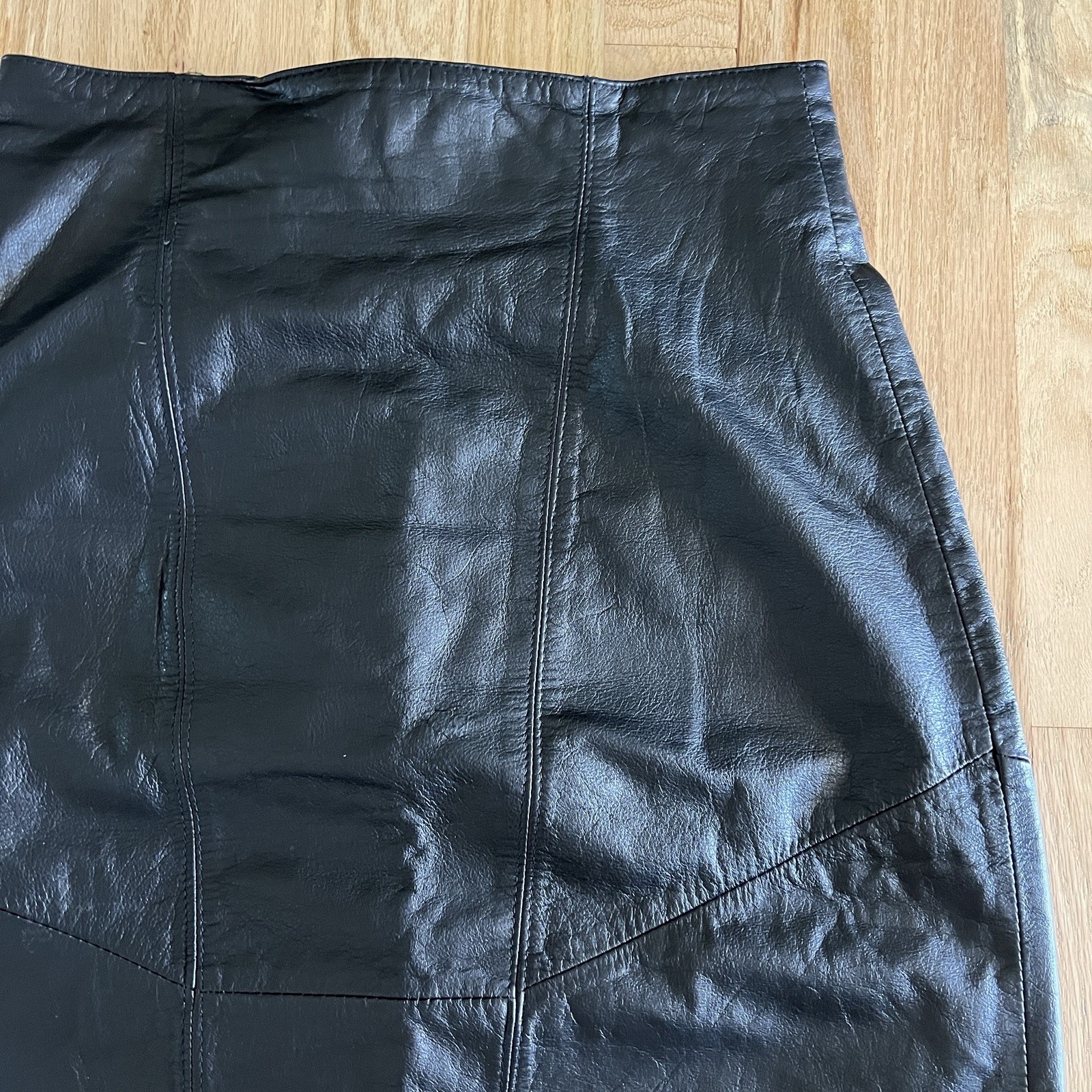 Vintage Pelle Cuir Black Genuine Leather Pencil Skirt High Waist Size 10 Midi