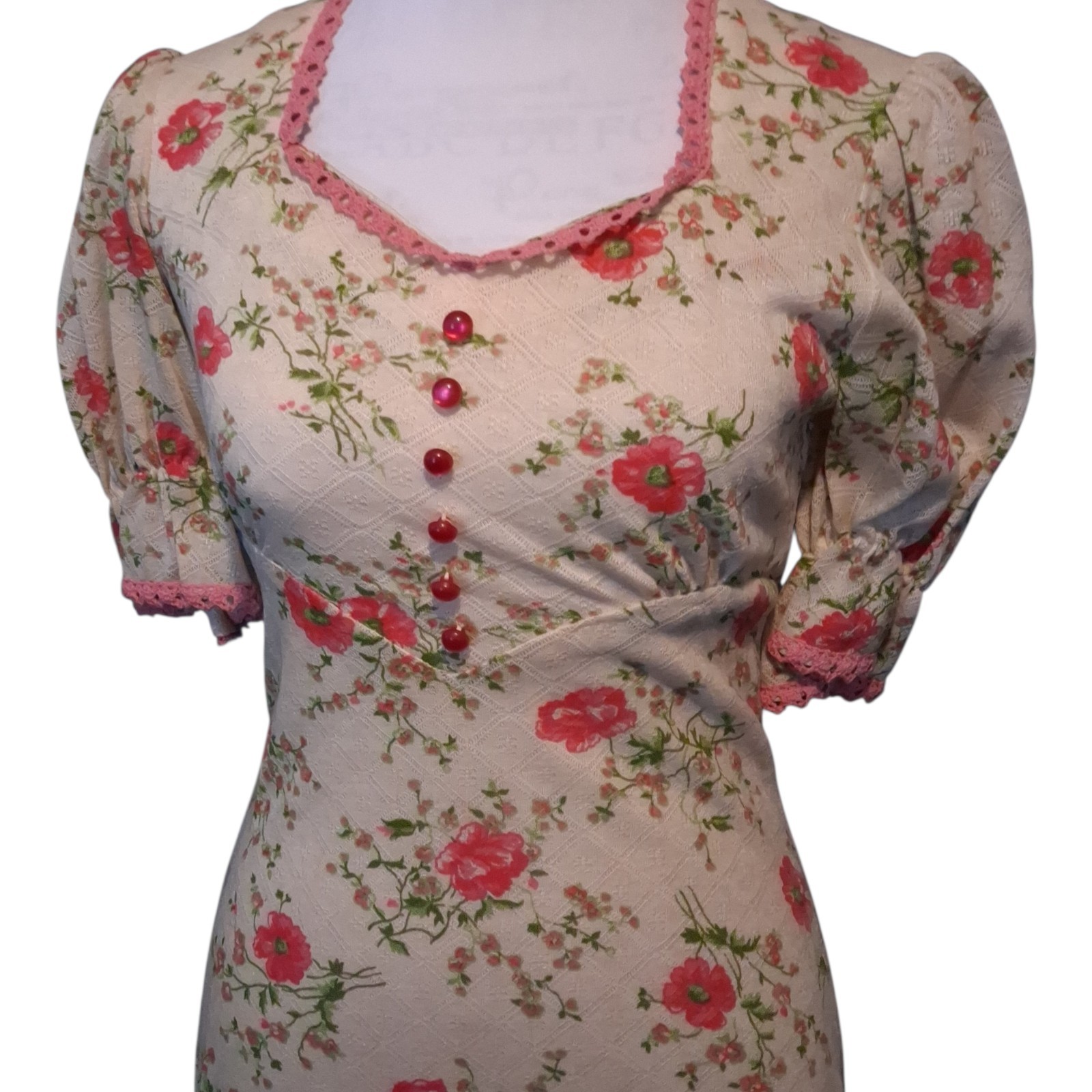 Vintage Maxi Dress Sweetheart Neckline Empire Waist Ditsy Floral Early 70s Sz 7