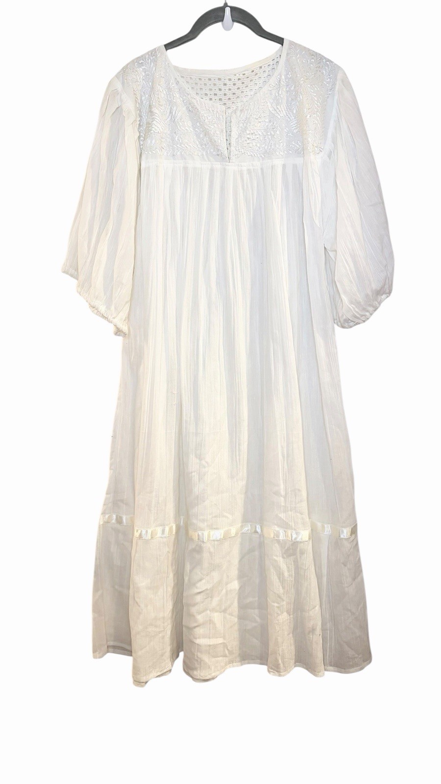 Vtg 70s White Cotton Gauze Lace Embroidered Trim Ruffle MIDI Dress M Boho Hippie
