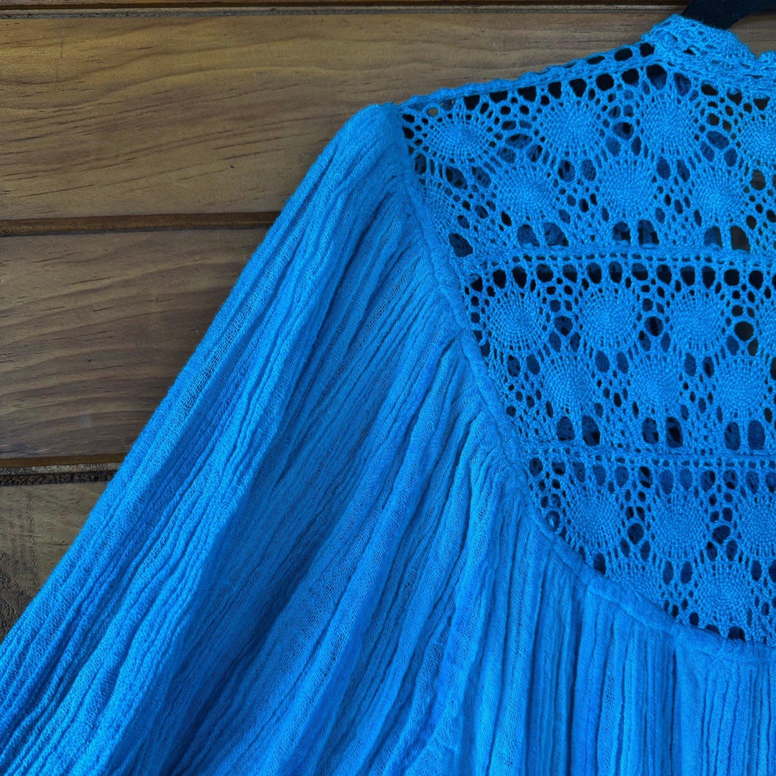 VTG 1970s Oaxaca Boho Hippie Turquoise Blue Cotton Gauze Flowy Dress Size S/M
