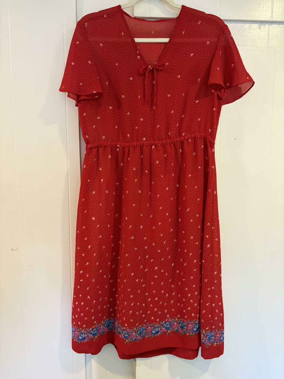 Vintage Unlabeled 70s Floral Small Poka Dot Dress Short Sleeve Red Dress Sz M