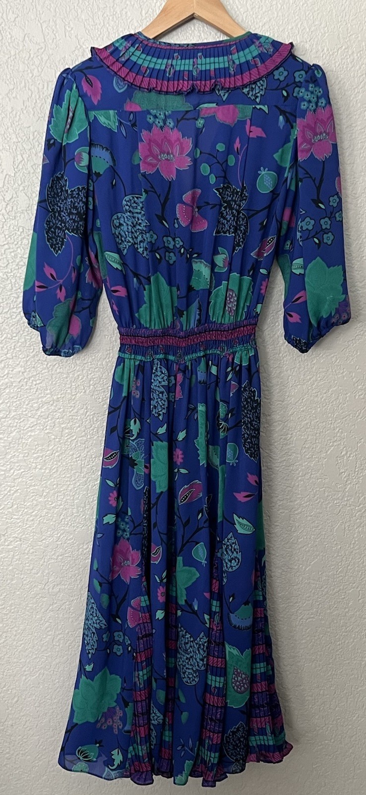 Vintage Assorti Susan Freis Ruffle Neck Blue Floral Pleated Midi Dress Size S