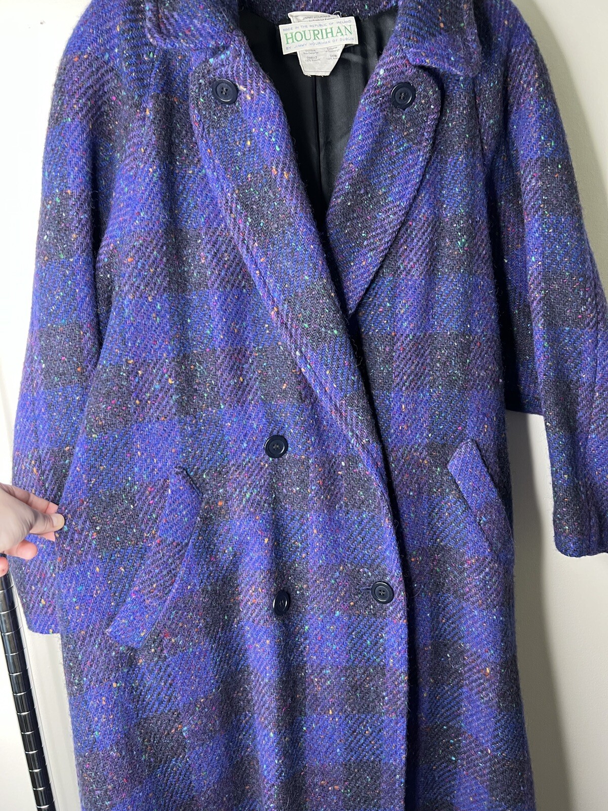 Vintage Jimmy Hourihan Sz 8 Purple Plaid Long Coat Wool Speckle Tweed Ireland